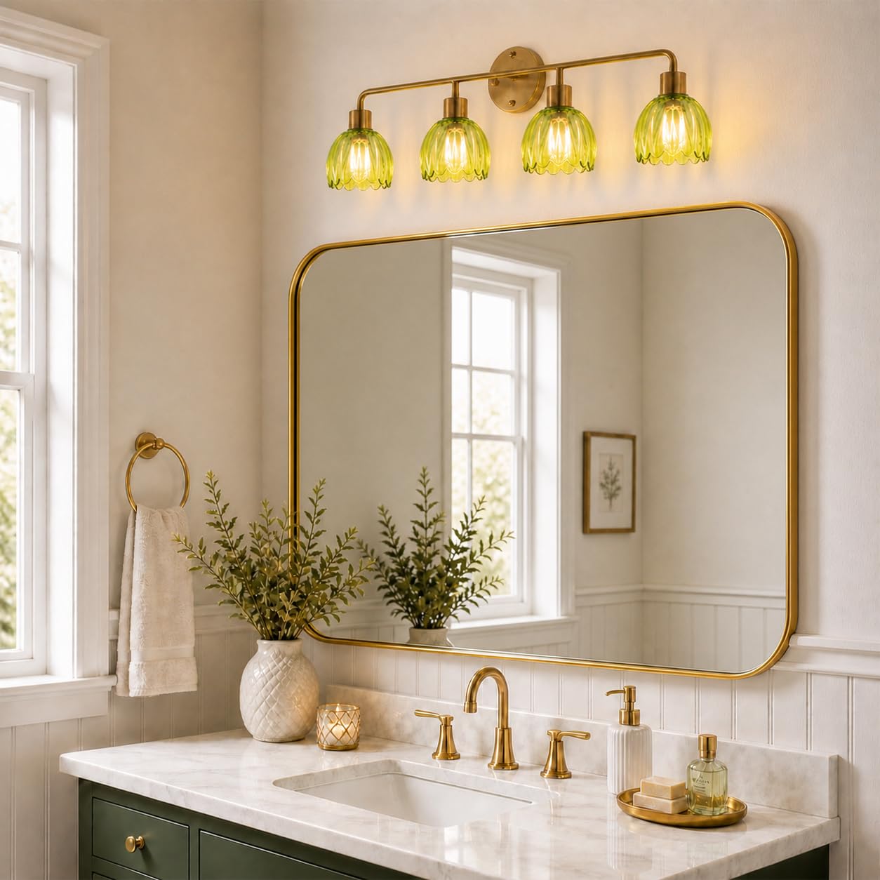 1-Light Gold Brass Bathroom Light Fixture,Wall Sconces set of 2,Brushed Gold Vanlity Light Over Mirror,Bathroom Vanity Light with White Tulip Glass Flower Shade,E26 Socket(Bulbs Not Included)