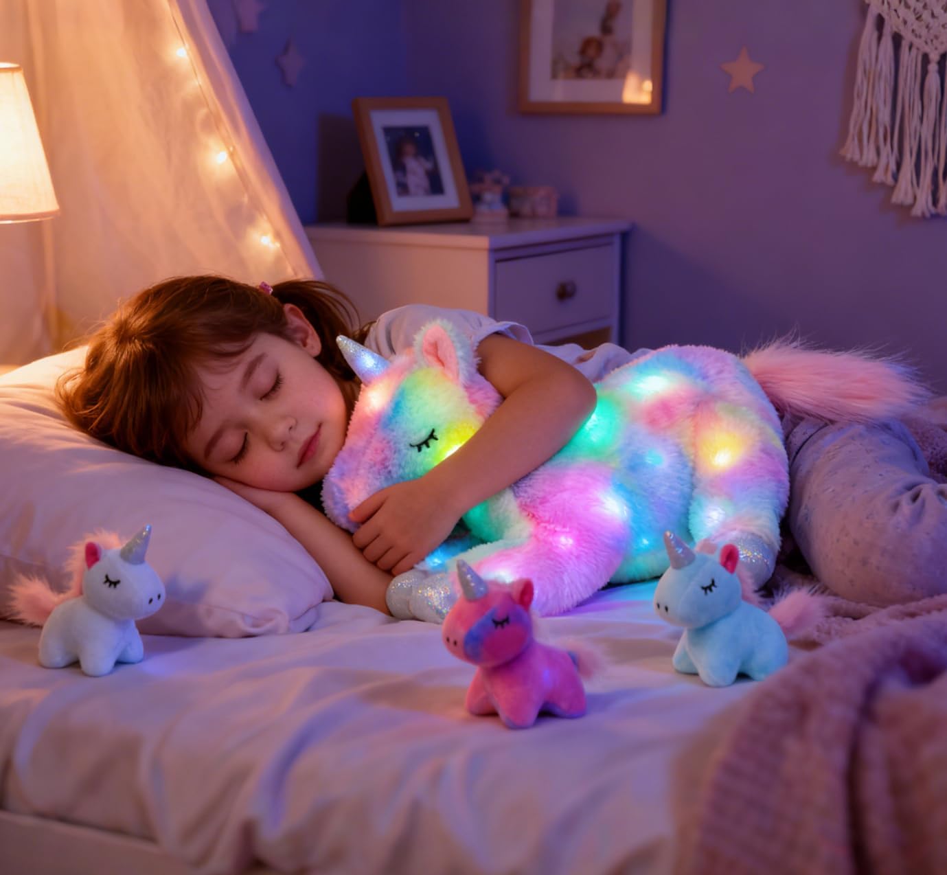 Hopearl LED Plush Unicorn Lighting Up Stuffed Mommy Unicorn with 3 Baby Unicorns in her Tummy Stuffed Animal Playset Night Lights Glow in The Dark for Mom Toddler Girls, Rainbow, 19''