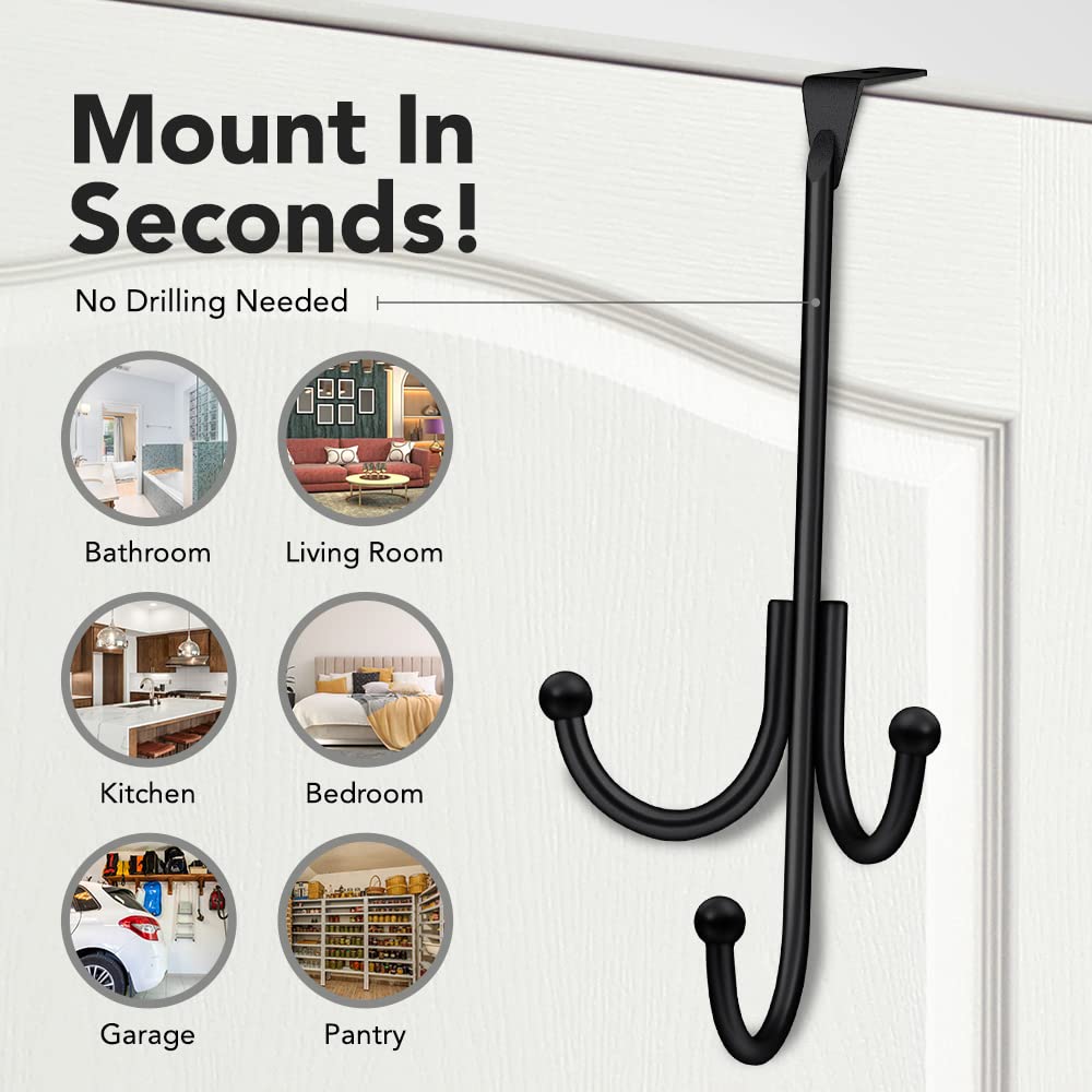 2-Pack Over The Door Hooks - with 2 Hang Heads & Snug Fit Pads Heavy Duty Hook for Hanging Coats, Towels, Caps & Robes - Elegant Matt Finish - No Drill Hanger Organizer - Black