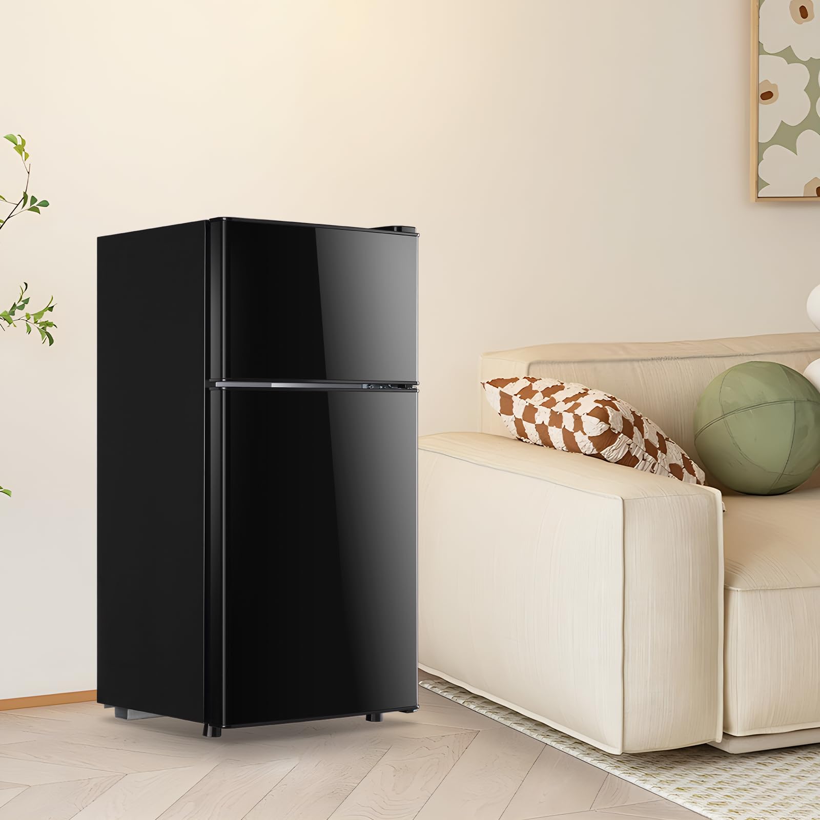 DEMULLER Mini Fridge with Double Doors Small Refrigerator with Separate Freezer & 7 Adjustable Temperature Control, Tiny Size & Personal Fridge Ideal for Office Apartment Dorm Black