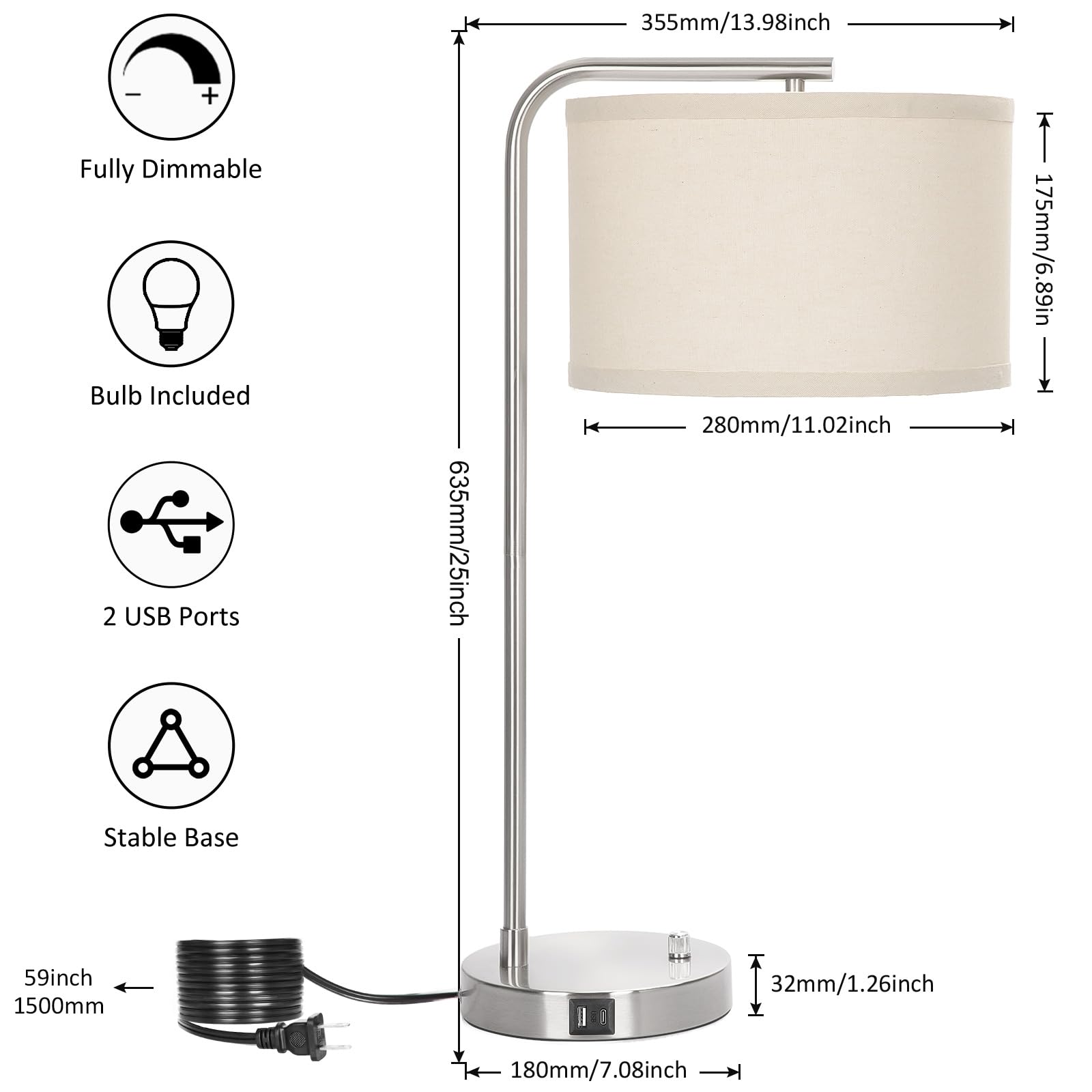 Table Lamps Set of 2, Fully Dimmable Bedside Lamp with USB C+A Charging Ports, Modern Nightstand Lamps with Linen Fabric Shades, Tall Desk Lamp for Bedroom, Living Room, Office, LED Bulb Included