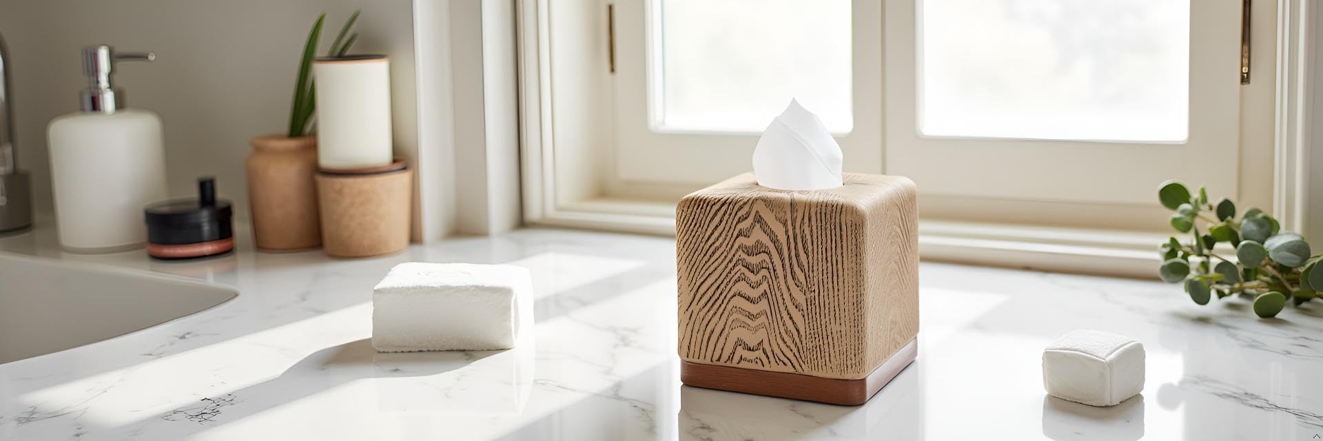 Hymmah Square Tissue Box Cover Holder with Tray,Unique Cube Design Tissue Dispenser Cover Decor for Vanity Counter Tops Also Great for Bedroom and Living Room