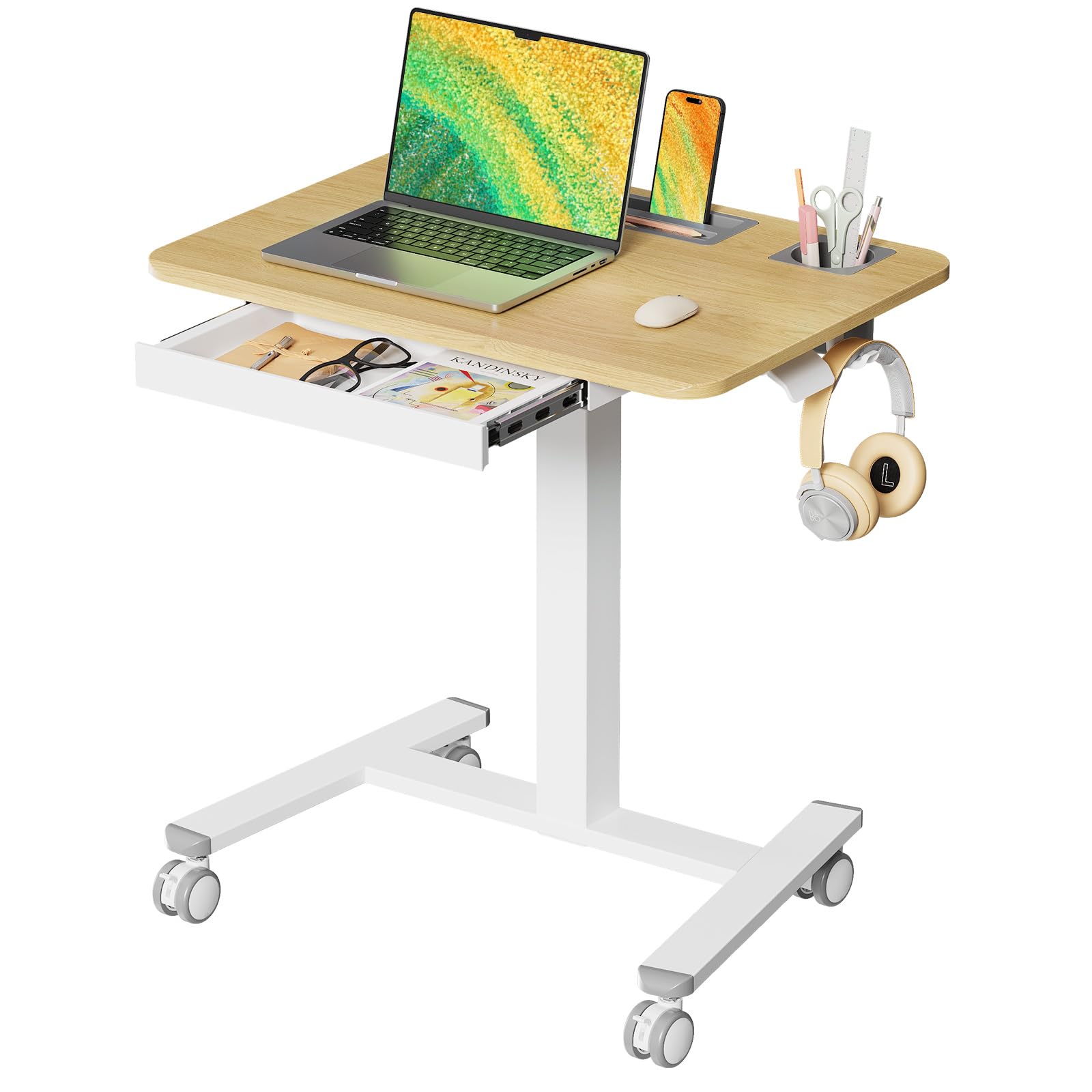 Small Mobile Standing Desk with Drawer, 23.6"x19.7" Rolling Laptop Cart on Wheels, Height Adjustable Sit Stand Computer Workstation with Storage for Compact Space, Black