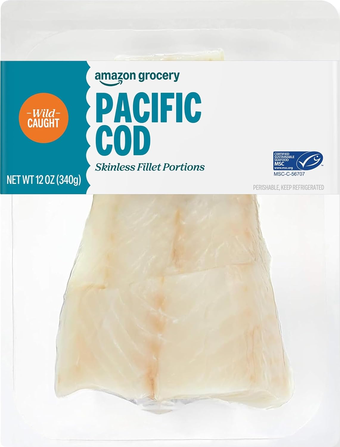 Amazon Grocery, Wild Caught Pacific Cod, Skinless Fillet Portions, 12 Oz (Previously Frozen, Packaging May Vary)