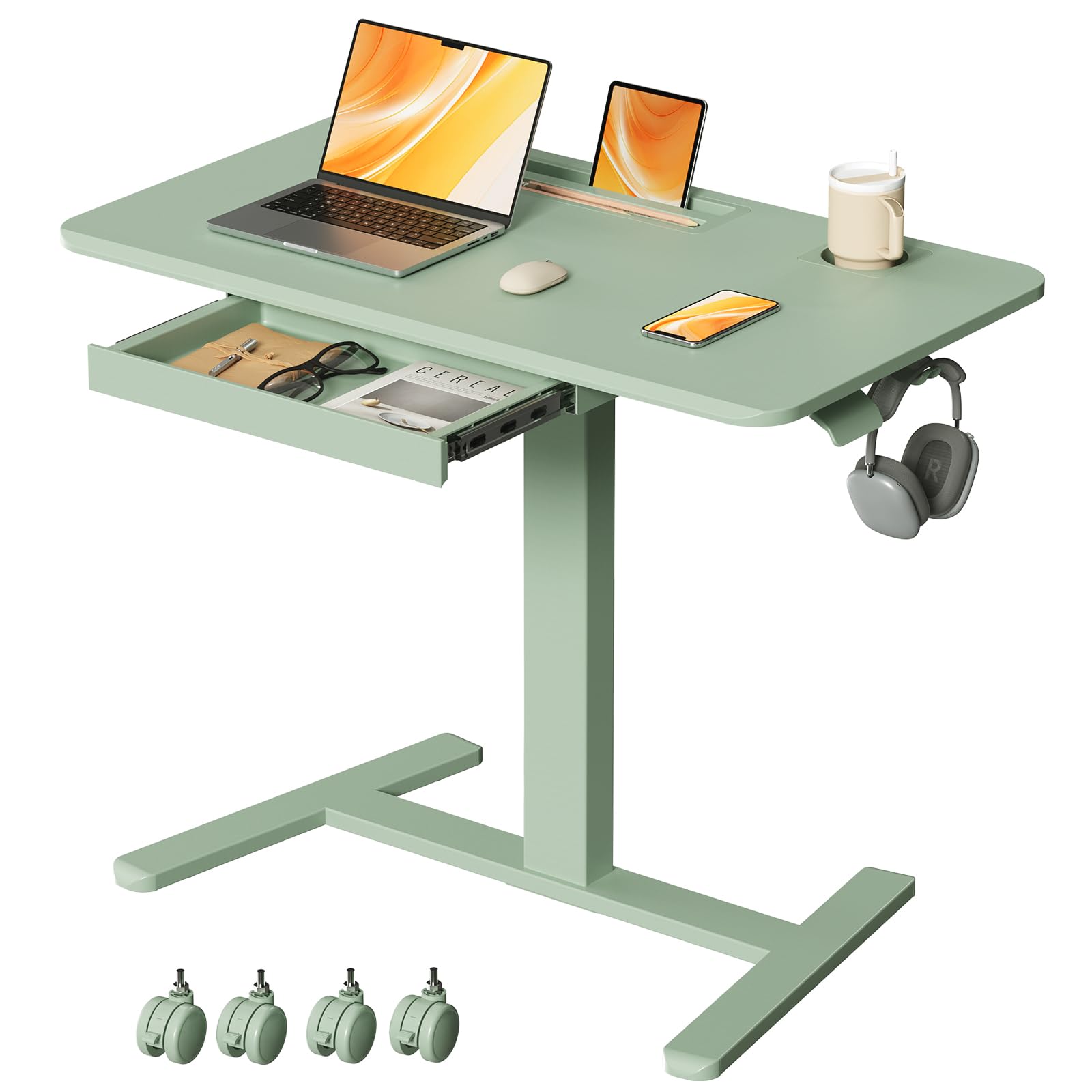 Small Mobile Standing Desk with Drawer, 23.6"x19.7" Rolling Laptop Cart on Wheels, Height Adjustable Sit Stand Computer Workstation with Storage for Compact Space, Black