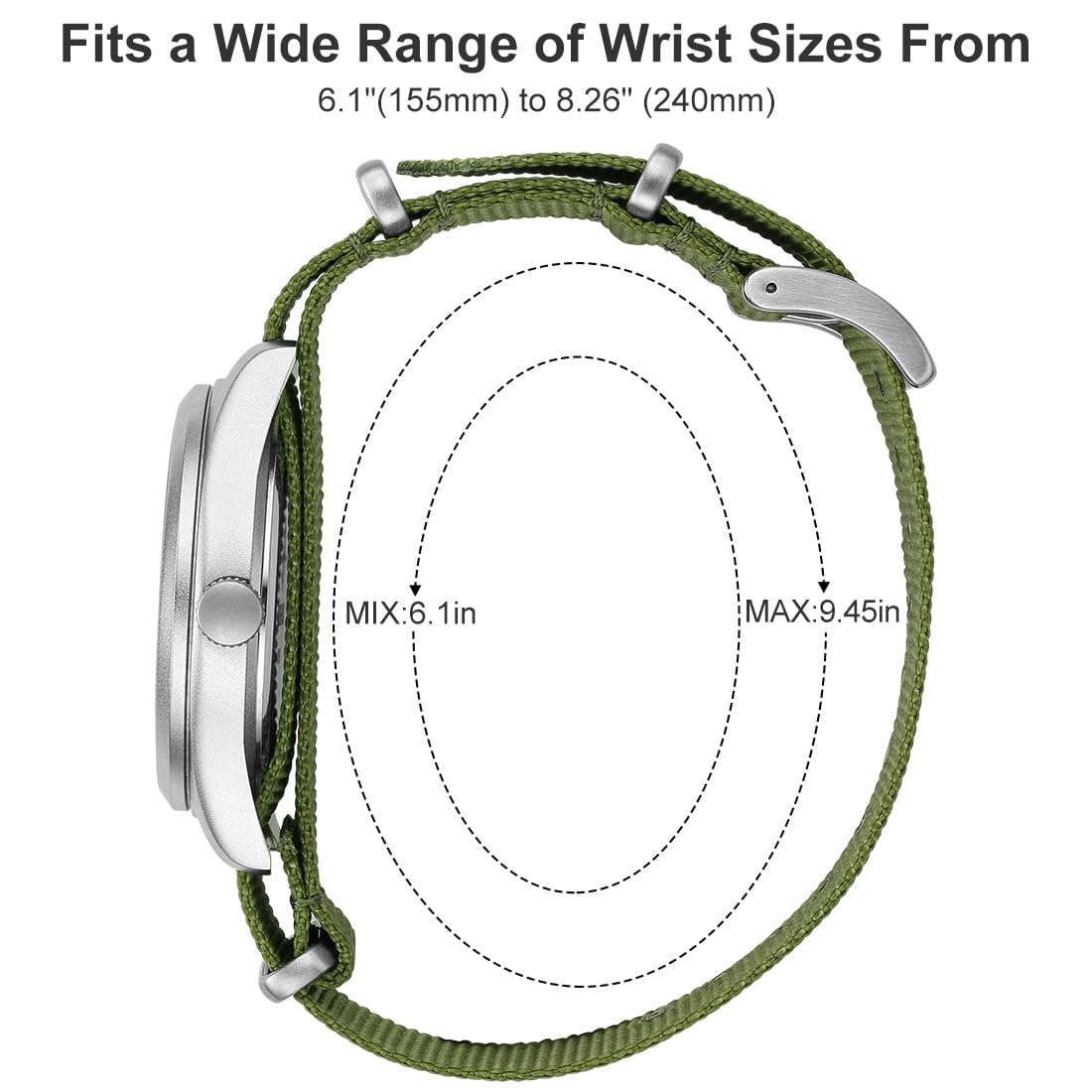 GOLDEN HOUR Men's Nylon Slip-Thru Strap Watch with Military Time Easy Read Dial Glowing Hands