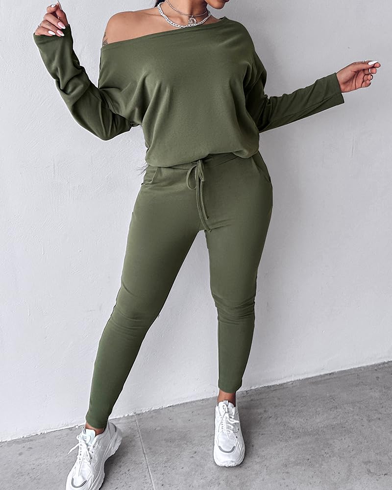 CHICME Women Tracksuit Fall 2 piece Outfits Off The Shoulder Long Sleeve Tops and Pants Set Travel Outfits