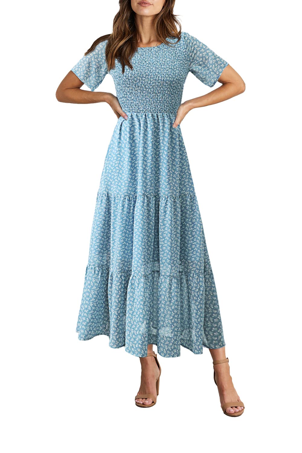 BTFBM Women Casual Short Sleeve Crew Neck Summer Dress Bohemian Floral Printed Flowy Maxi Dresses Tiered Cocktail Dress