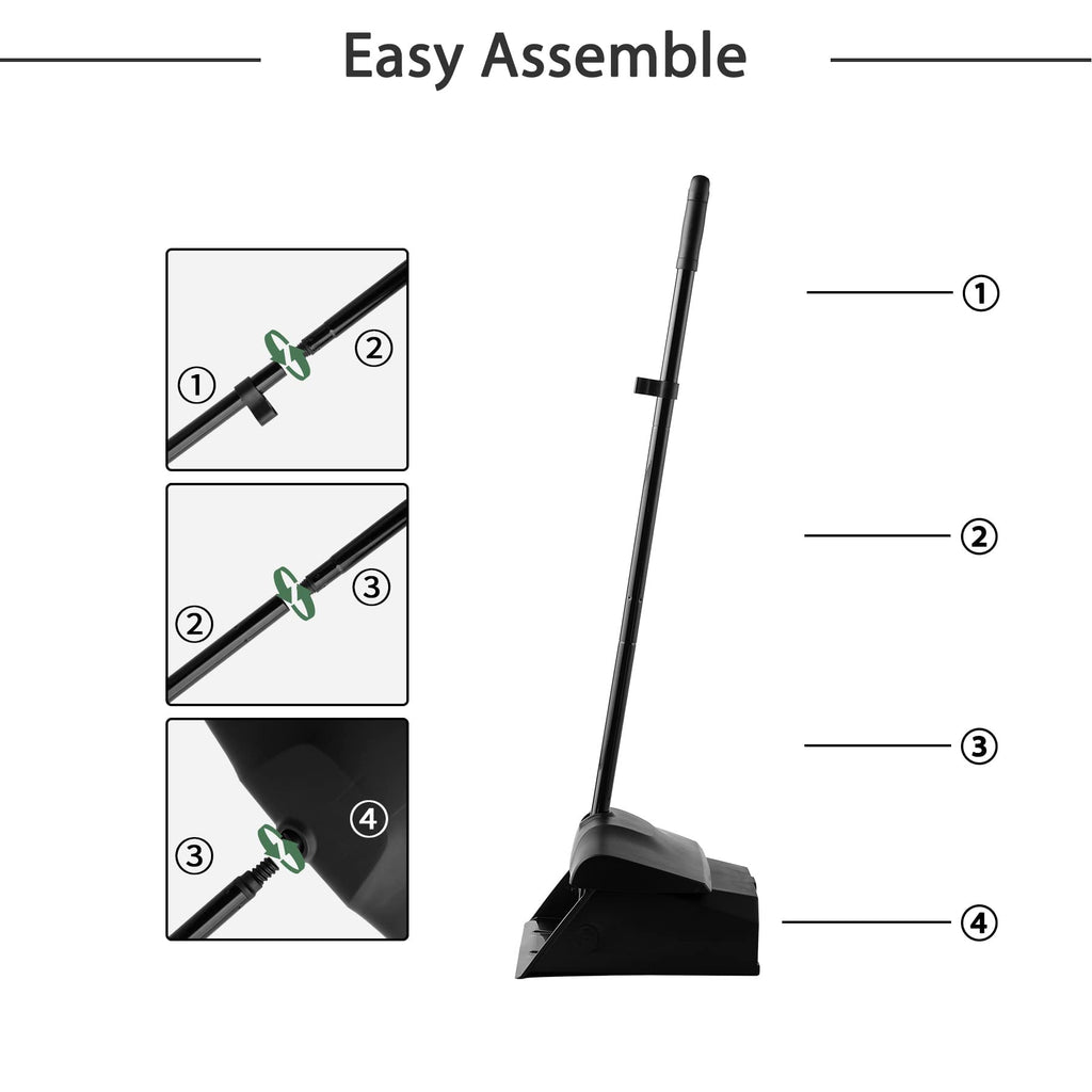 Eyliden Commercial Angle Broom and Dustpan Combo, with Long Handle and Lid, Lobby Dust Pan Sweep Set for Outdoor Garages Courtyard Sidewalks Decks Indoor Home Kitchen Room Office (Black Broom+Dustpan)