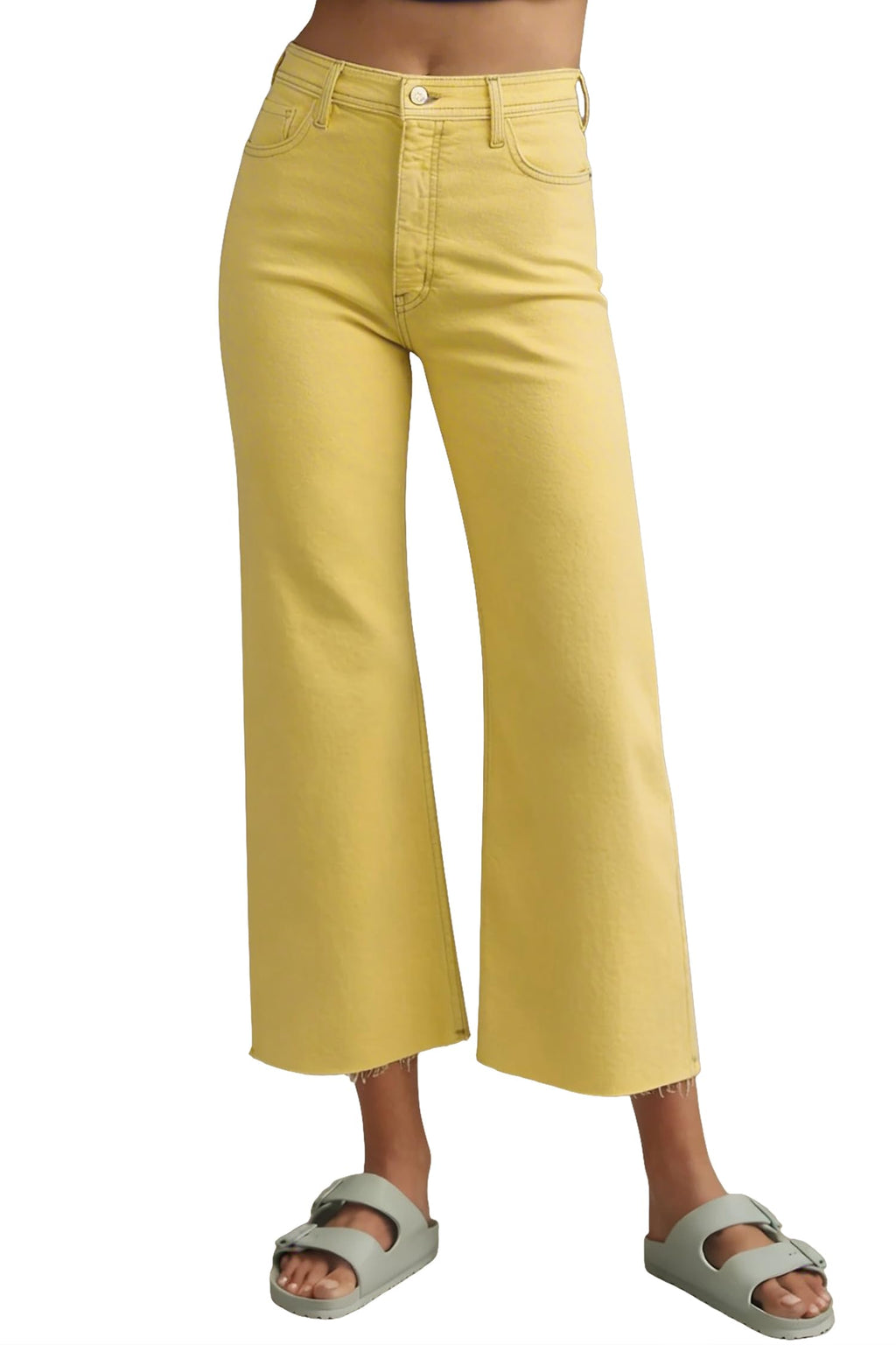 Allimy Women's High Waisted Straight Ankle Wide Leg Ripped Jeans Frayed Hem Stretchy Capri Denim Pants