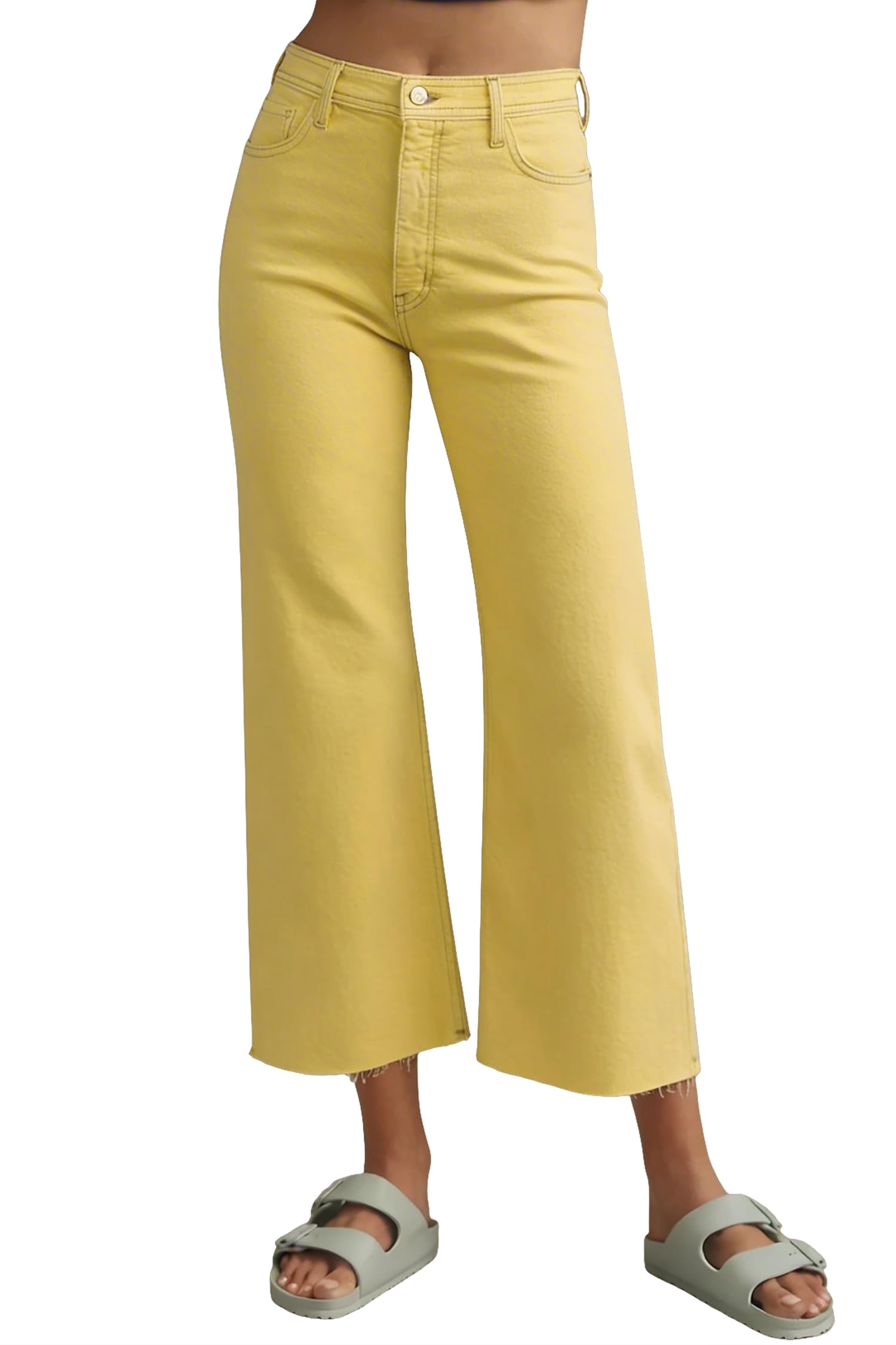 Allimy Women's High Waisted Straight Ankle Wide Leg Ripped Jeans Frayed Hem Stretchy Capri Denim Pants