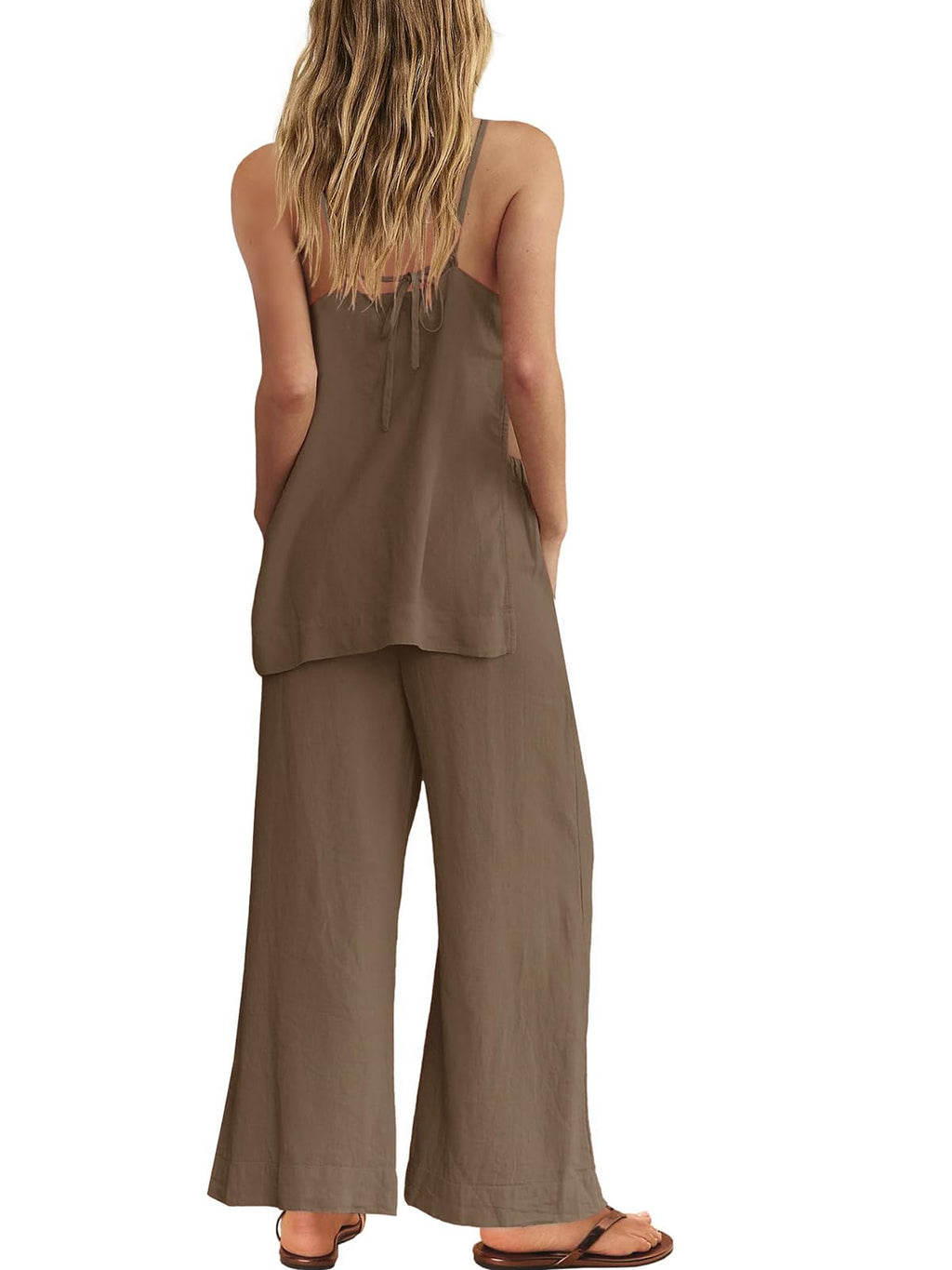 Dokuritu Linen Sets for Women 2 Piece Summer Spaghetti Strap Top Wide Leg Pant Set Beach Vacation Travel Outfits with Pockets