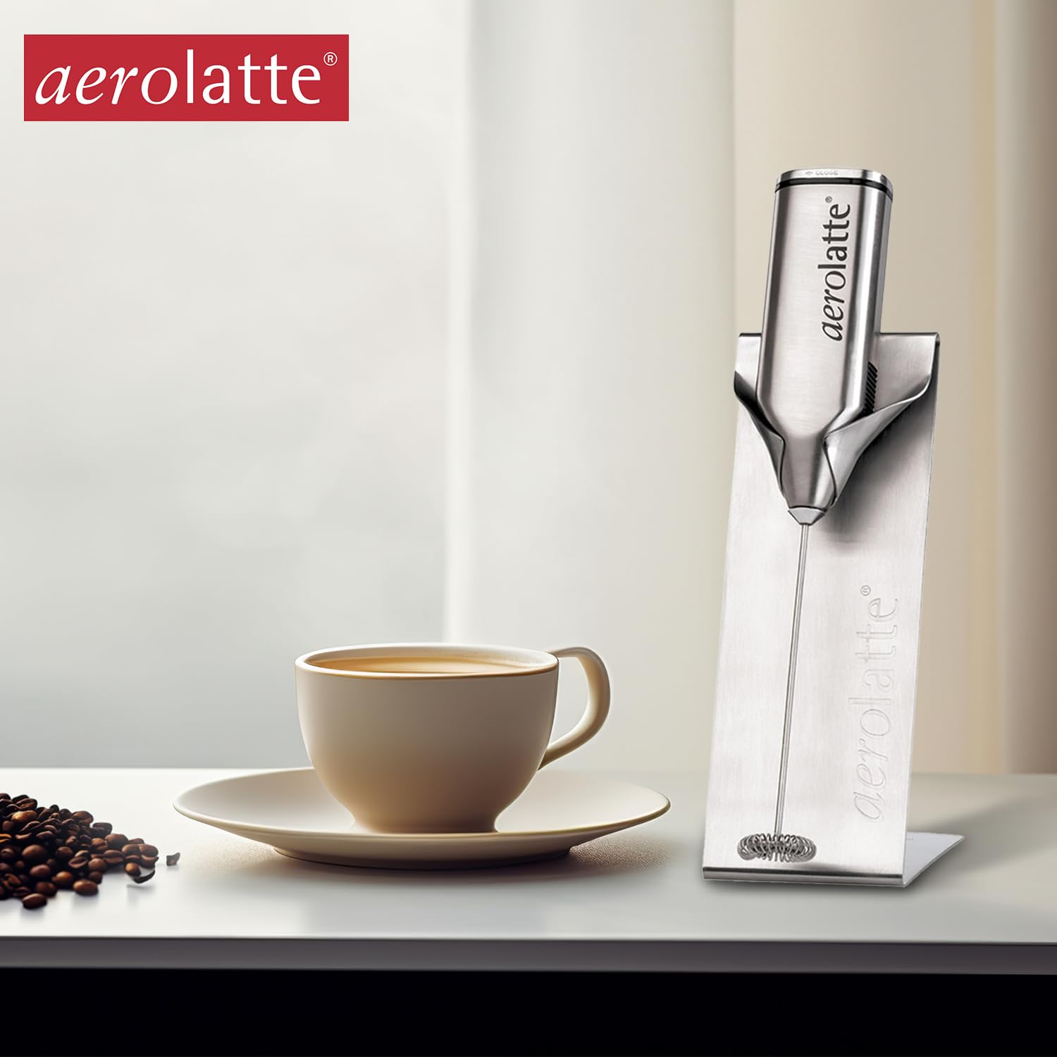 Aerolatte Steam-Free Milk Frother, Polished-Chrome Finish,18/8 Stainless Steel Whisk, BPA-Free Plastic Housing, Batteries Include