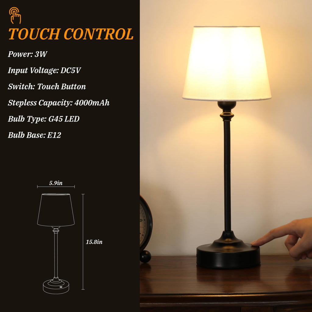 Touch Control Cordlss Table Lamp, USB-C Rechargeable Lamp with Stepless Dimming, 4000mAh Battery Operated Bedside Lamp for Bedroom, Living Room, Night Light & Emergency Lighting, Black, 1 Pack