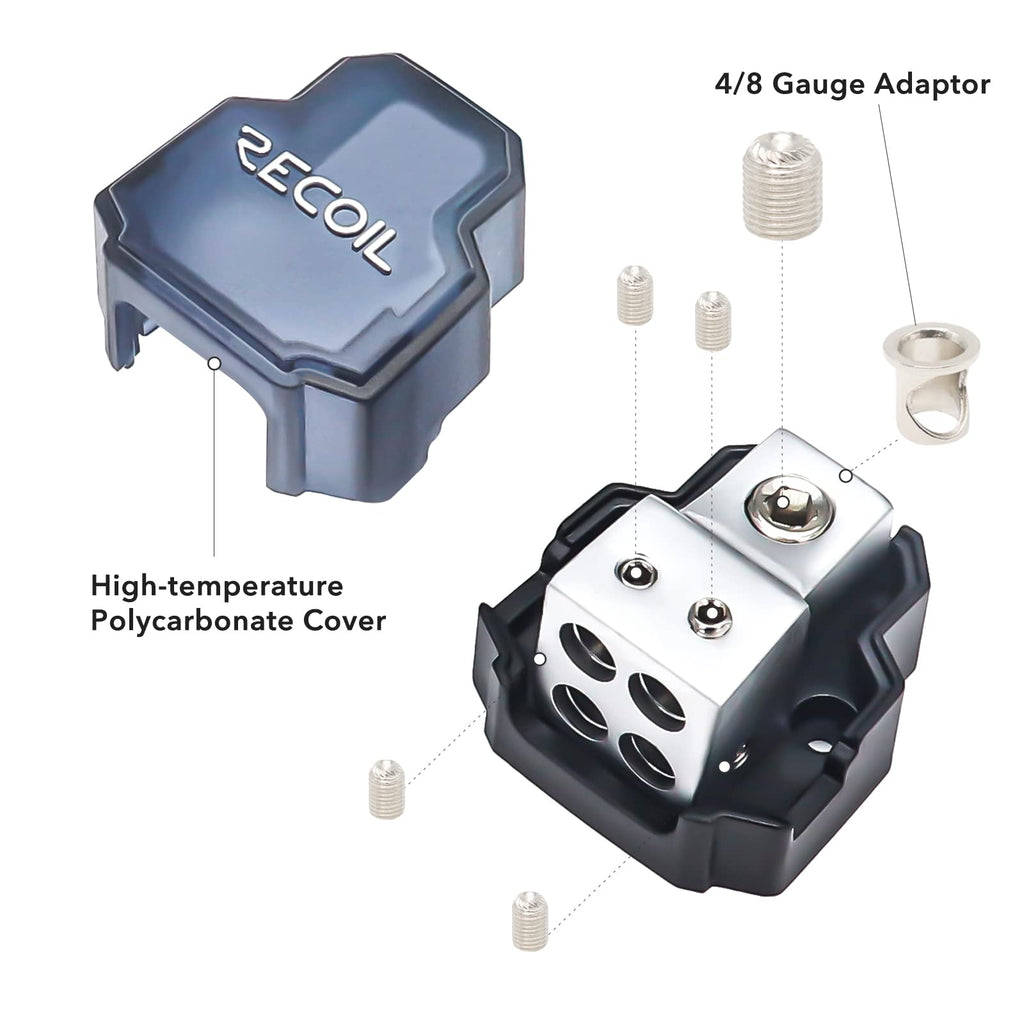 RECOIL DB12 2 Way Power Distribution Block, 1 X 0/2/4 Gauge in / 2 X 4/8 Gauge Out Power Distribution Ground Distributor Block for Car Audio Amplifier Splitter