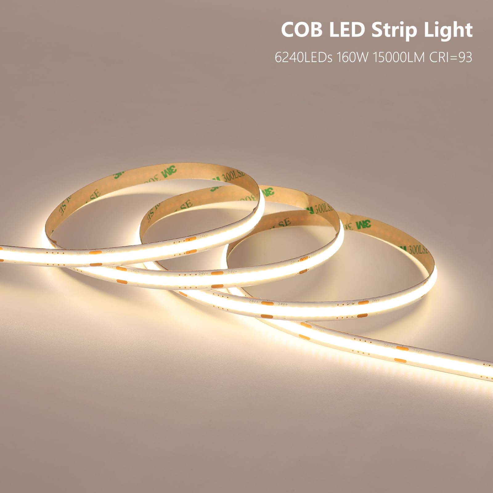 BENLUN 24V COB LED Strip Light 65.6ft (2 Rolls of 32.8ft) Kit, 3000K Warm White Cuttable 11W/M 312LEDs/M CRI 93 LED Tape Lights with Power Supply for Bedroom Kitchen Living Room Ceiling