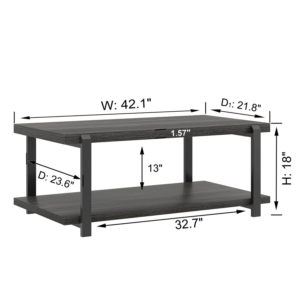 FOLUBAN Black Coffee Table, Modern Rustic Wood Center Table with Storage for Living Room, Industrial Rectangle 2 Tier Cocktail Tea Table, Black Oak