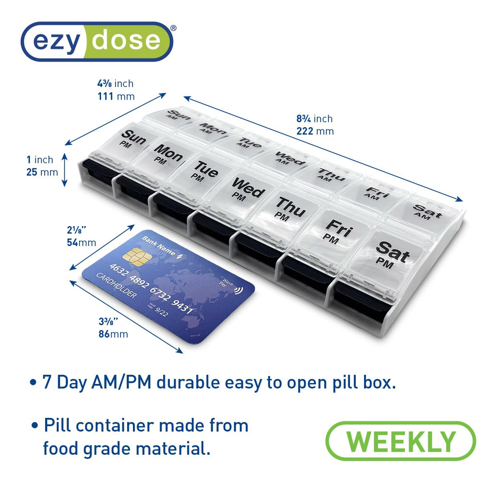 EZY DOSE Push Button (7-Day) Pill Case, Medicine Planner, Vitamin Organizer, 2 Times a Day, AM/PM Container, X-Large Compartments, Arthritis Friendly, Easy to Use, Transparent Lids, Black, BPA Free