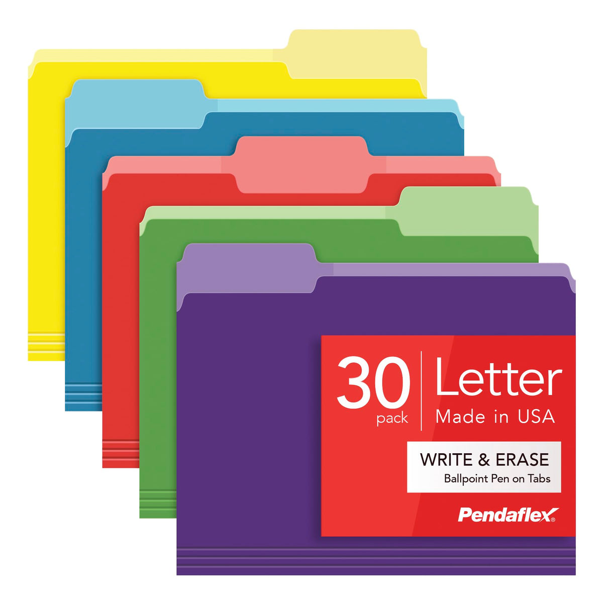 Pendaflex Colored File Folders, 30 Pack, Letter Size (8.5" x 11"), Erase Ballpoint Pen from Tabs, 3 Tabs, 5 Colors: Green, Yellow, Red, Blue, Purple, Office, Classroom & Home Document Organization