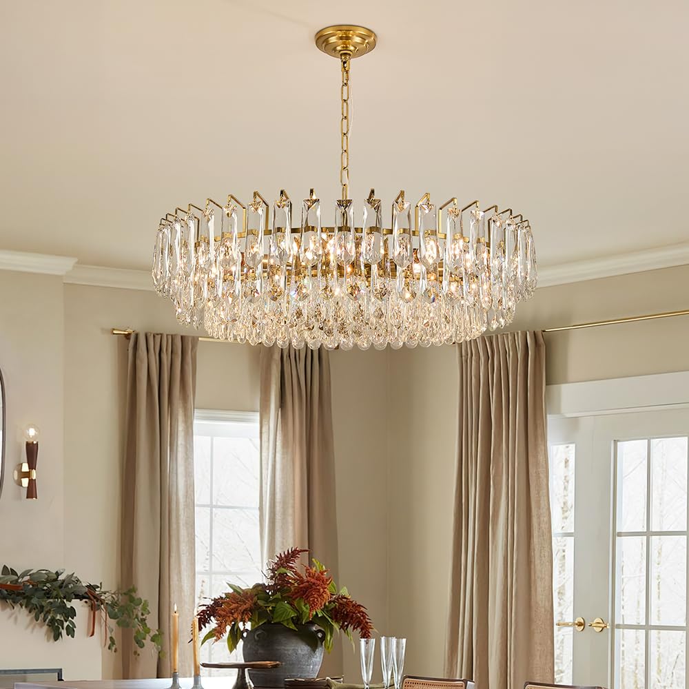23.6" Modern Crystal Chandelier with Grey Crystal Gold 3-Tier Luxury Pendant Light 12-Light Ceiling Pendant Lighting for Dinning Room Living Room Foyer