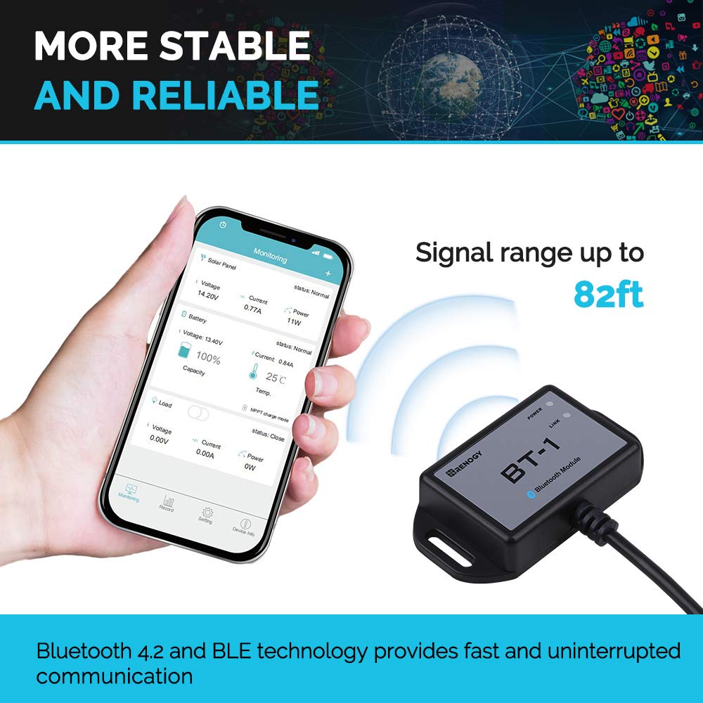 Renogy BT-1 Bluetooth Module for PWM Charge Controllers (Wanderer/Adventurer) – RJ12 RS232 Port, Wireless Monitor via DC Home App,IP54