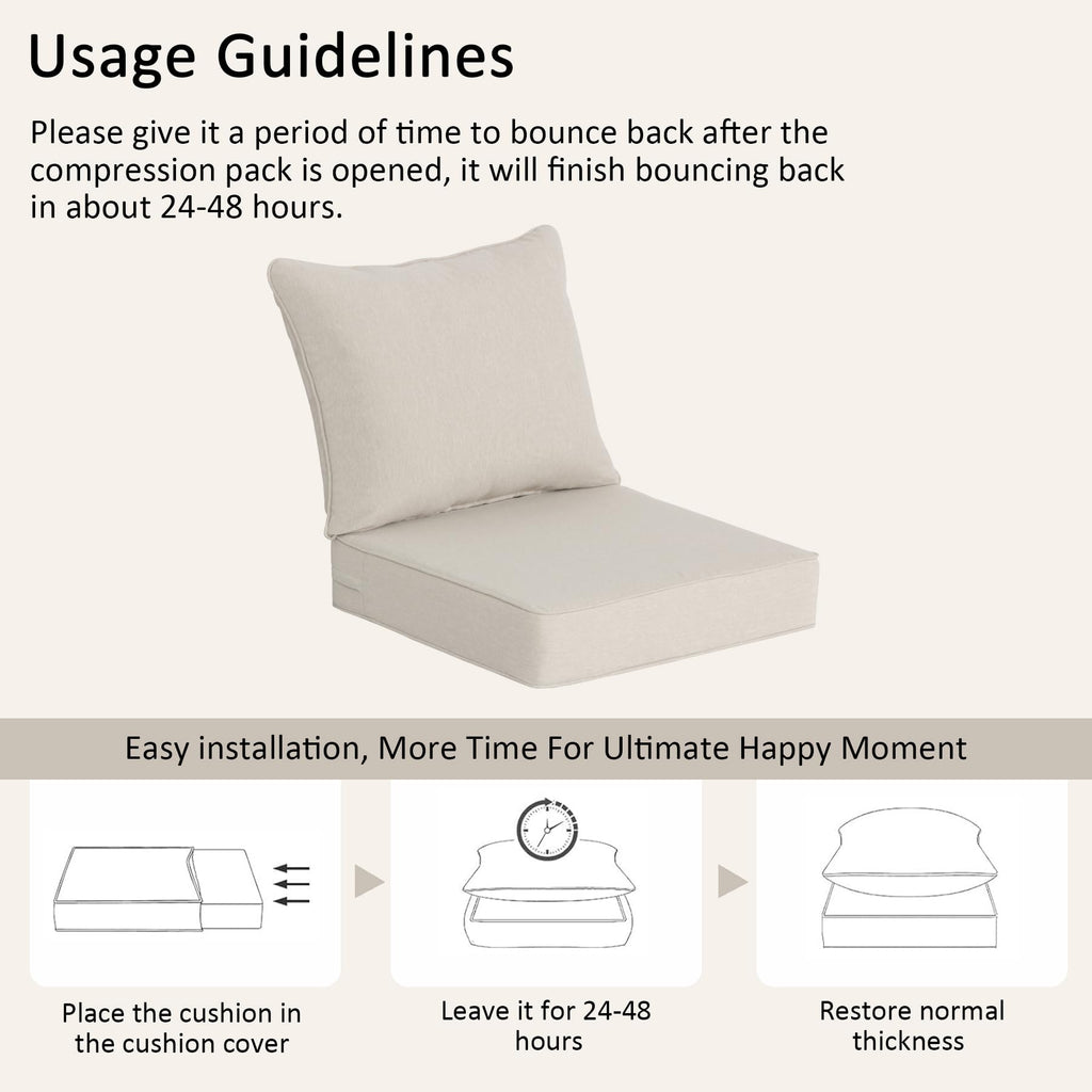 COZYVIDA 5.1" Thick Outdoor Patio Cushions Set of 2, 22"x24"x5.1" Seat, C0 Water-Resistant Breathable Fabric, UV-Resistant 1000+ Hrs, 35D Foam with Recycled Fiber Fill,Beige