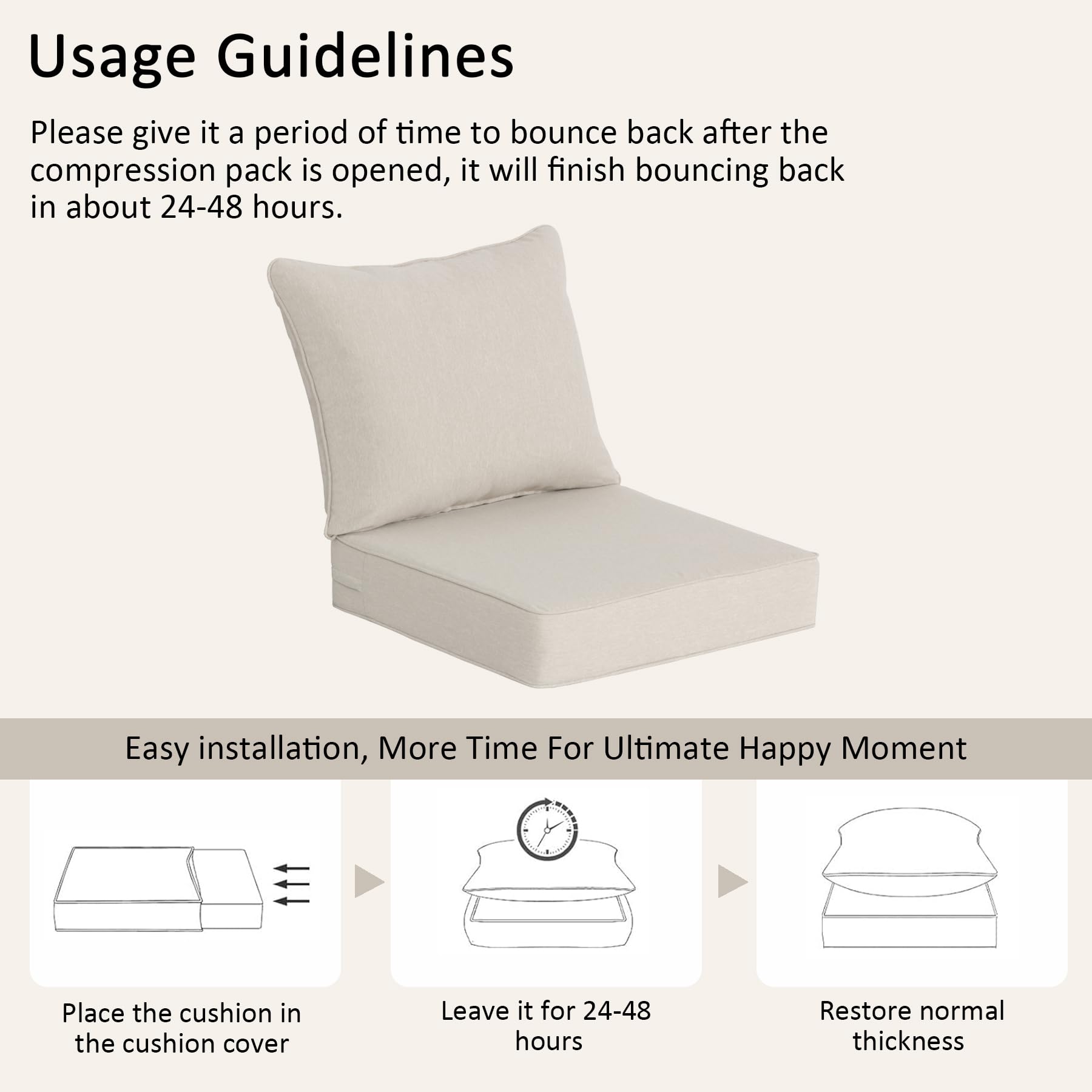 COZYVIDA 5.1" Thick Outdoor Patio Cushions Set of 2, 22"x24"x5.1" Seat, C0 Water-Resistant Breathable Fabric, UV-Resistant 1000+ Hrs, 35D Foam with Recycled Fiber Fill,Beige