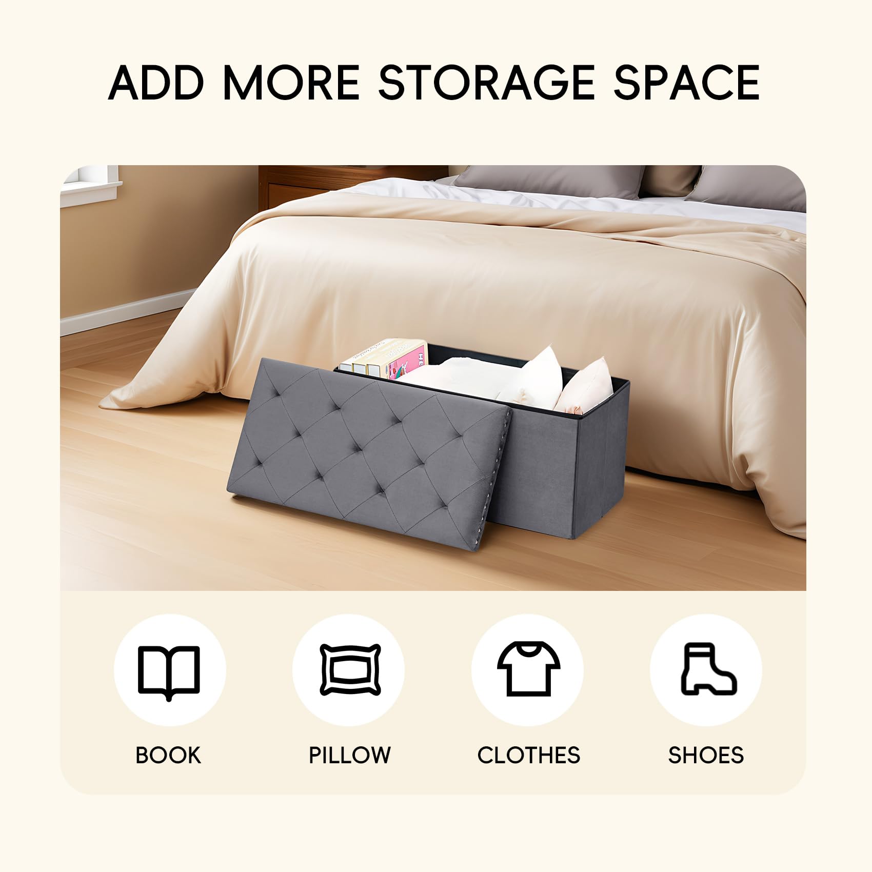 PINPLUS Folding Storage Ottoman Bench, Folding Velvet Tuffed Foot Rest Stool with Rivet, End of Bed Bench Large Long Shoes Chest for Bedroom Entryway Living Room, Beige, 41.3 Inches
