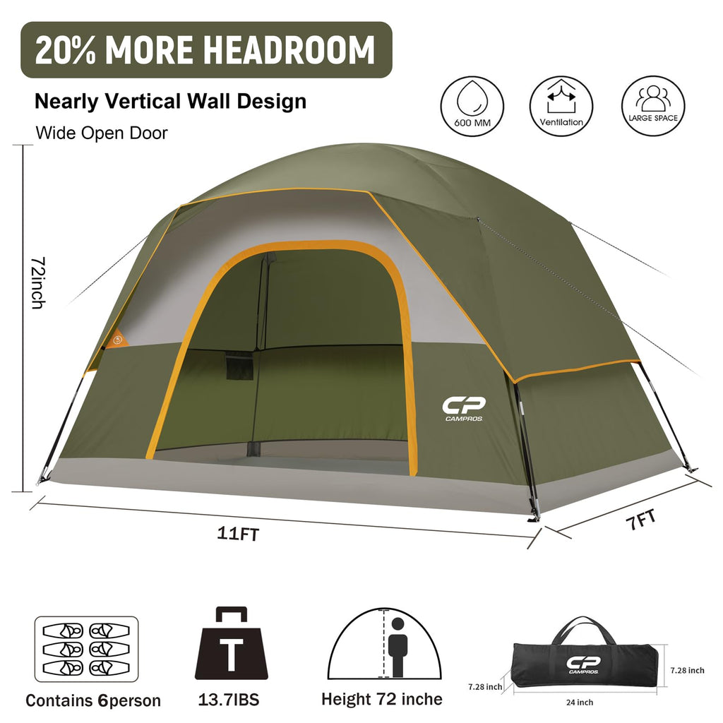 CAMPROS CP Camping Tent 2/4/6 Person, Waterproof Windproof Double Layer Dome Tent, Easy Setup with Large Mesh Windows & Wide Door for Outdoor Camping Backyard