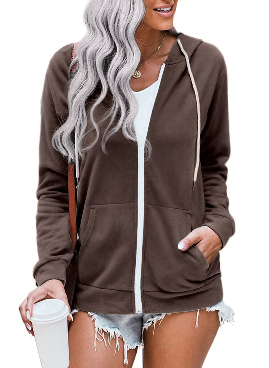 WROLEM Women Casual Full Zip Up Hoodie Comfy Loose Long Sleeve Sweatshirt Solid Color Jacket with Pockets
