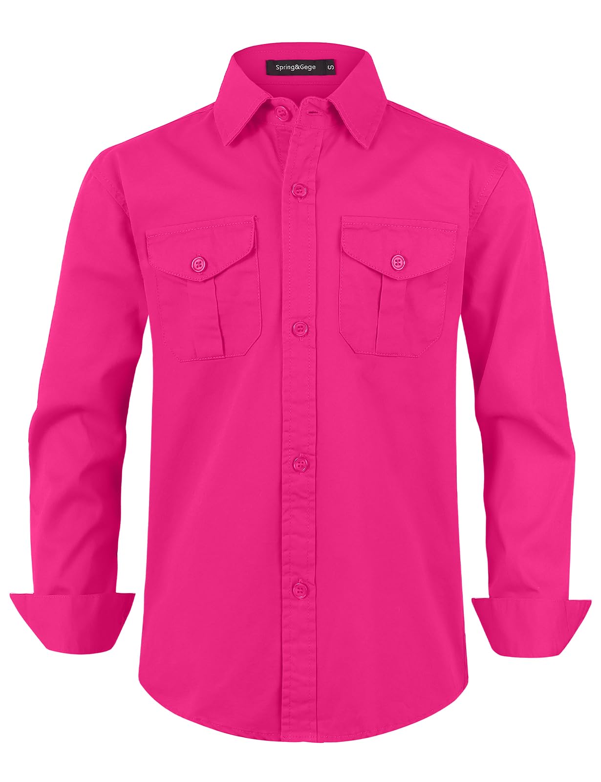 Spring&Gege Boys' Long Sleeve Button Down Shirt for Kids Woven Solid Two Pockets