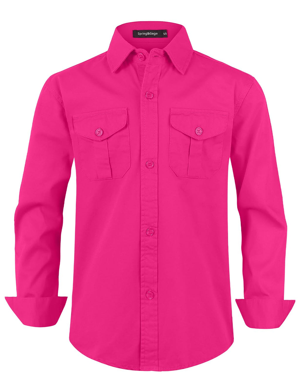 Spring&Gege Boys' Long Sleeve Button Down Shirt for Kids Woven Solid Two Pockets