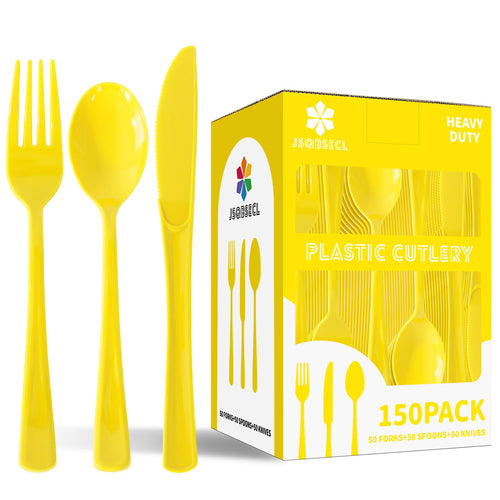 150 Pack Plastic Silverware,Disposable Cutlery Set Heavy Duty Utensil Sets 50 Forks 50 Knives 50 Spoons for Brithday, Wedding,Home School Party Picnics Restaurant Outdoor Events (Black)