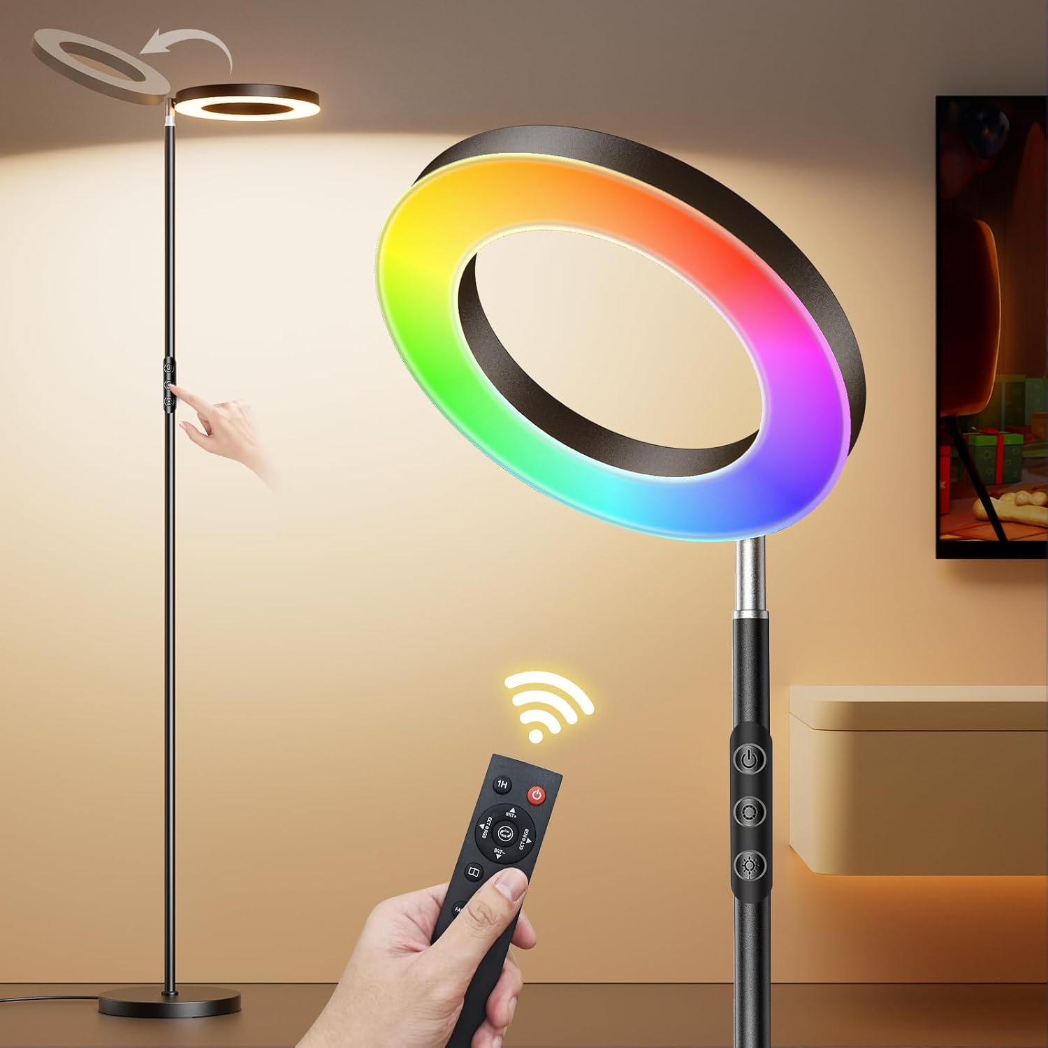 FULSUNT RGB Floor Lamp, 32W Bright LED Standing Lamp with Remote, Stepless Dimmable, Modern Color Changing Torchiere Tall Lamps for Living Room Bedroom Office Gaming Party