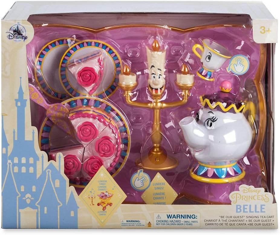 Disney Store Official Beauty and the Beast Tea Cart Set – Includes Lumiere, Mrs. Potts, Chip, Cake with Plate & Server – Disney Princess Toys, with Singing Lumiere & Bubbling Tea Effect