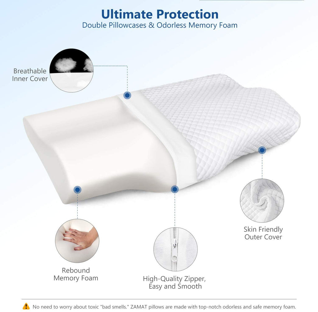 ZAMAT Memory Foam Pillow for Neck Pain Relief, Adjustable Ergonomic Cervical Pillow for Sleeping, Orthopedic Neck Pillow with Washable Cover, Bed Pillows for Side, Back, Stomach Sleepers