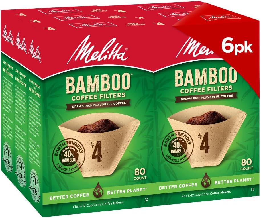 Melitta #4 Cone Coffee Filters, Bamboo, 80 Count (Pack Of 6), 480 Total Filters - Fits all 8-12 Cup Cone Coffee Makers and Pour-Overs, Compostable, Tear-Resistant, Made in USA