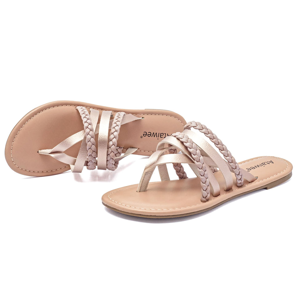 Ataiwee Women's Casual Flat Slide Sandals - Dressy Comfortable Criss Cross Strappy Summer Sandals,Open Toe Multi Strap Beach Flat Thong Sandals.
