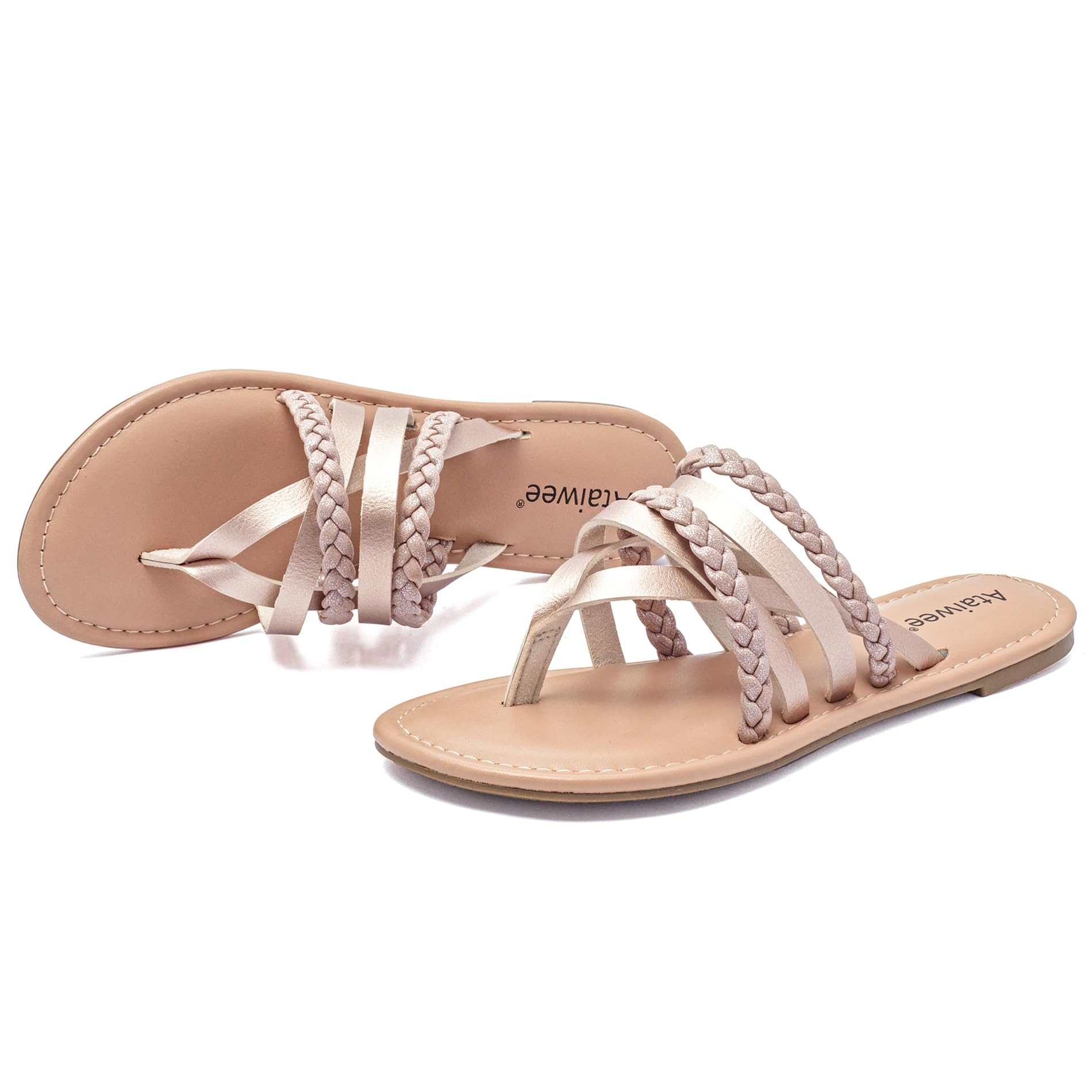 Ataiwee Women's Casual Flat Slide Sandals - Dressy Comfortable Criss Cross Strappy Summer Sandals,Open Toe Multi Strap Beach Flat Thong Sandals.