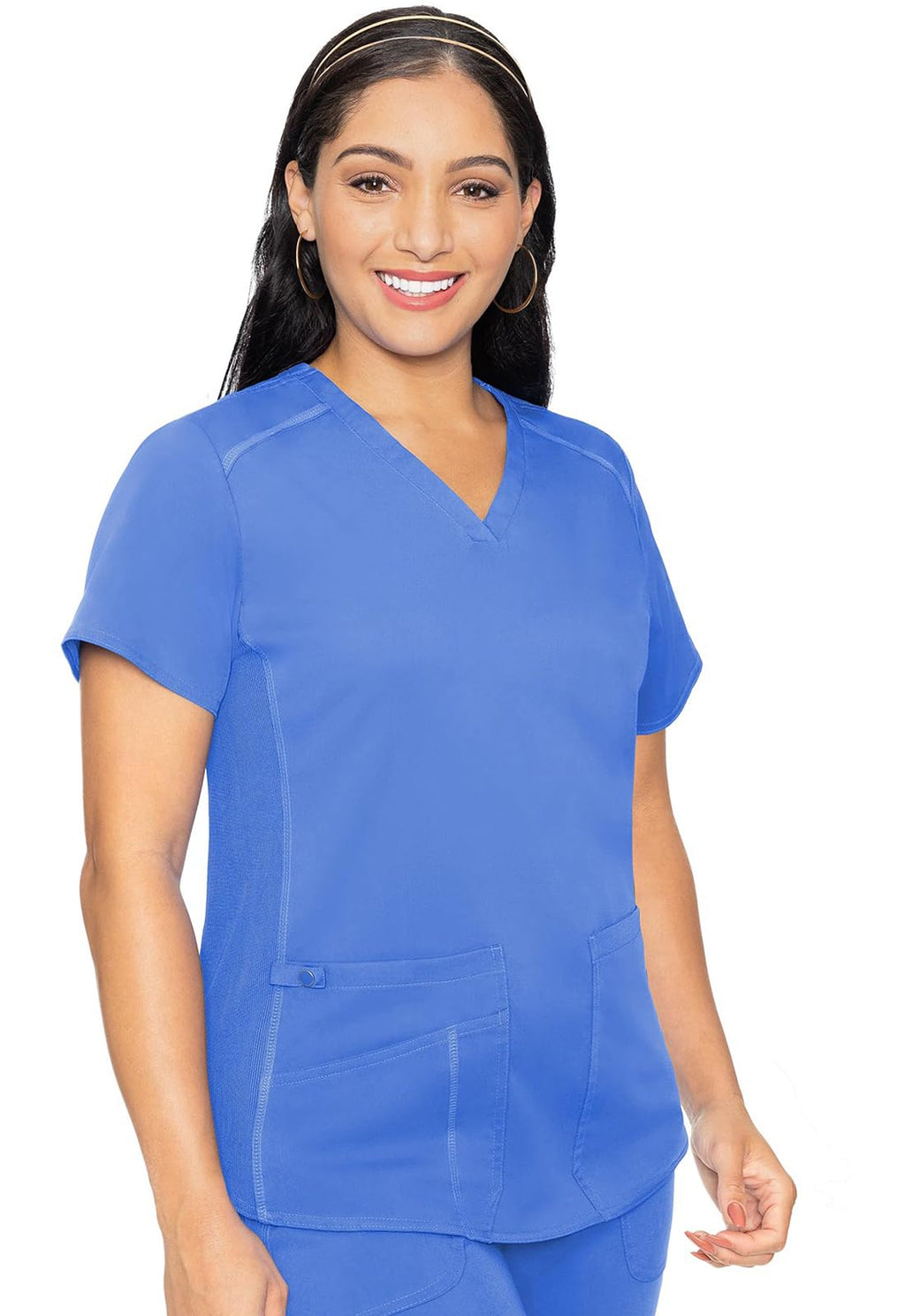 Med Couture V-Neck Scrub Top for Women with 4 Pockets, Rib-Knit Side Panel, and Shirttail Hem MC7459