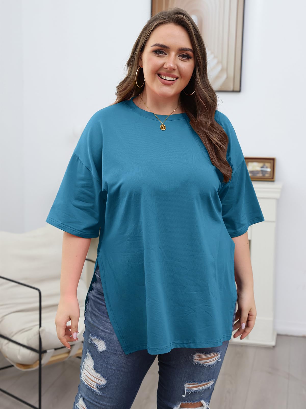 VNIRA Plus Size T Shirt for Women Oversized Cotton Short Sleeve Workout Top Loose Fit Side Split Casual Basic Tunic Top