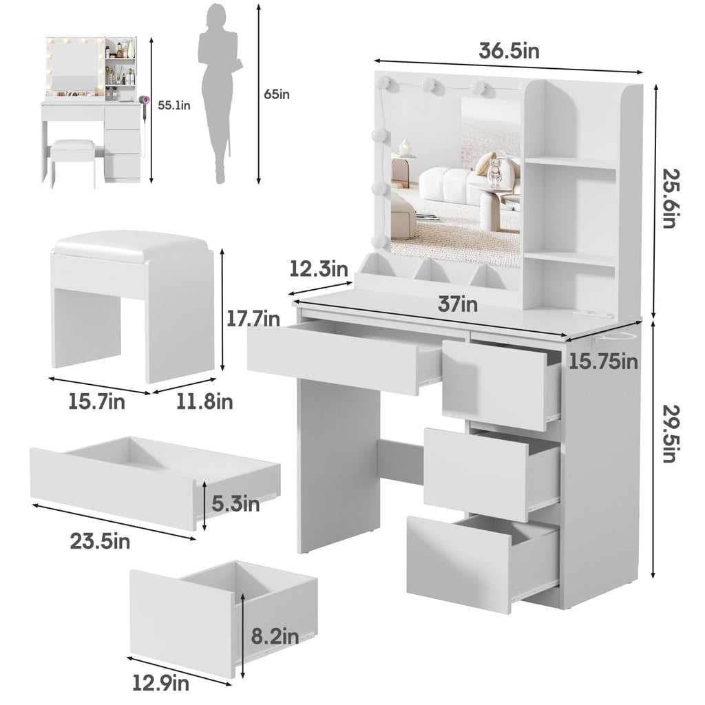 Vabches Makeup Vanity with Lights, 37inch Vanity Desk, 4 Large Drawers Dresser with Lighted Mirror, 3 Lighting Modes Brightness Adjustable, White