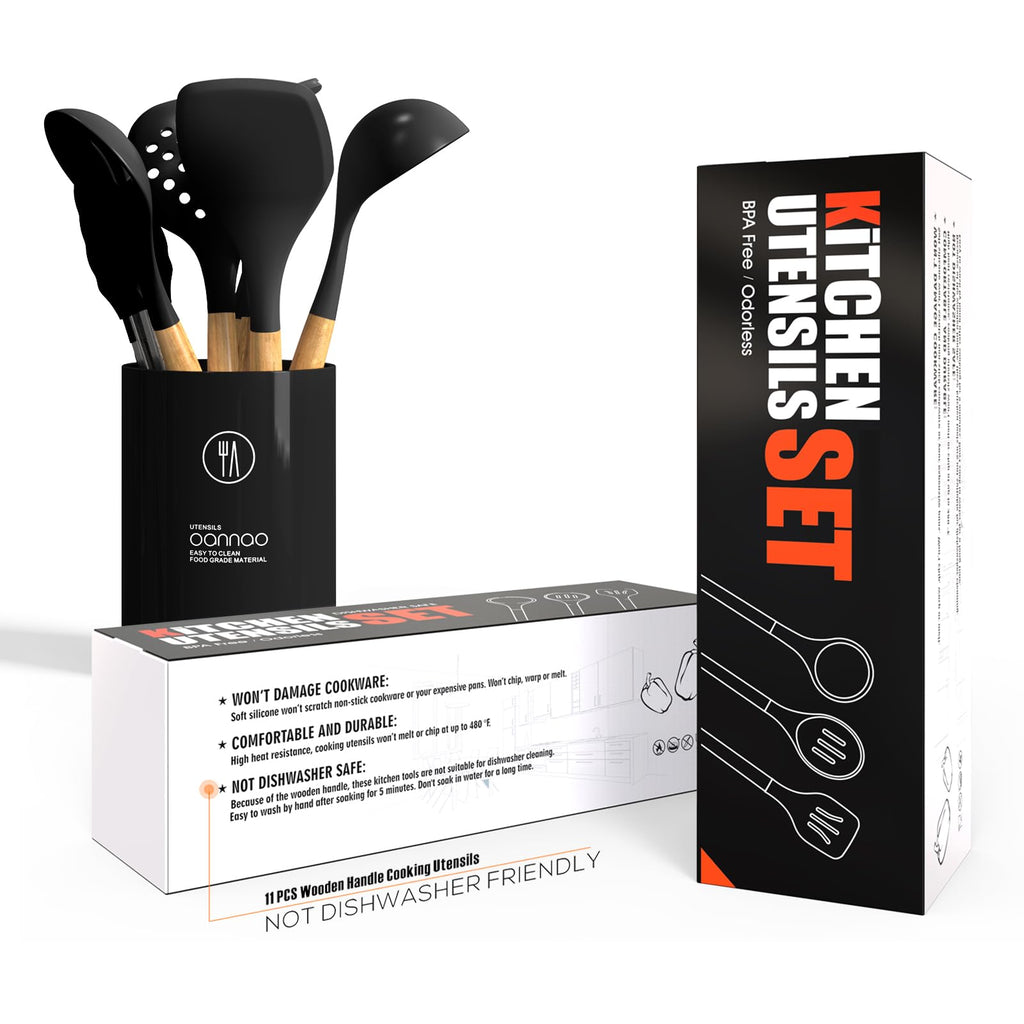 oannao Silicone Cooking Utensils Set - 446°F Heat Resistant Silicone Kitchen Utensils for Cooking,Kitchen Utensil Spatula Set w Wooden Handles, BPA FREE Gadgets for Non-Stick Cookware (Black)