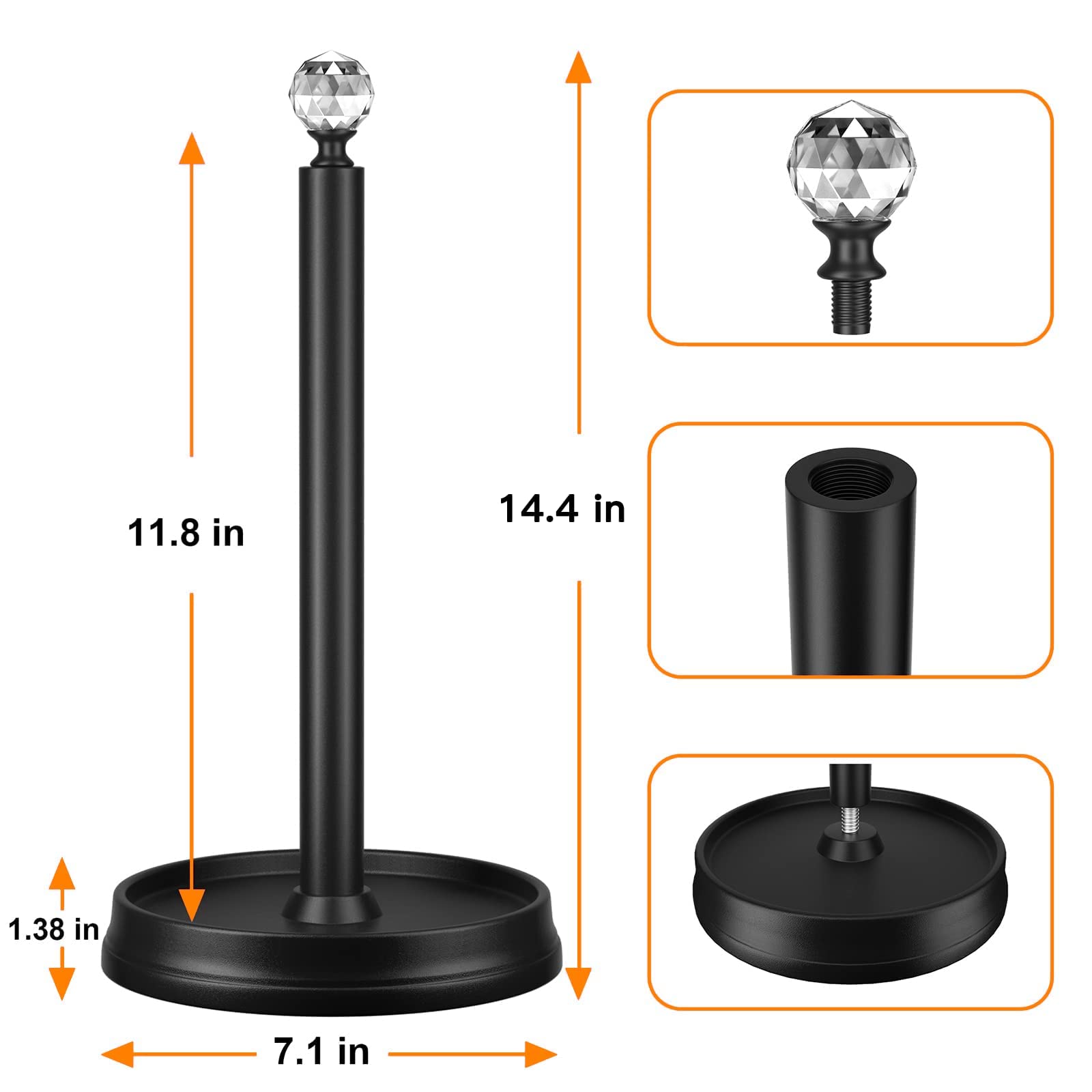 KASUNTO Paper Towel Holder with Crystal Ball - Steel Countertop Stand, Fits Standard & Jumbo Rolls, Brushed Nickel