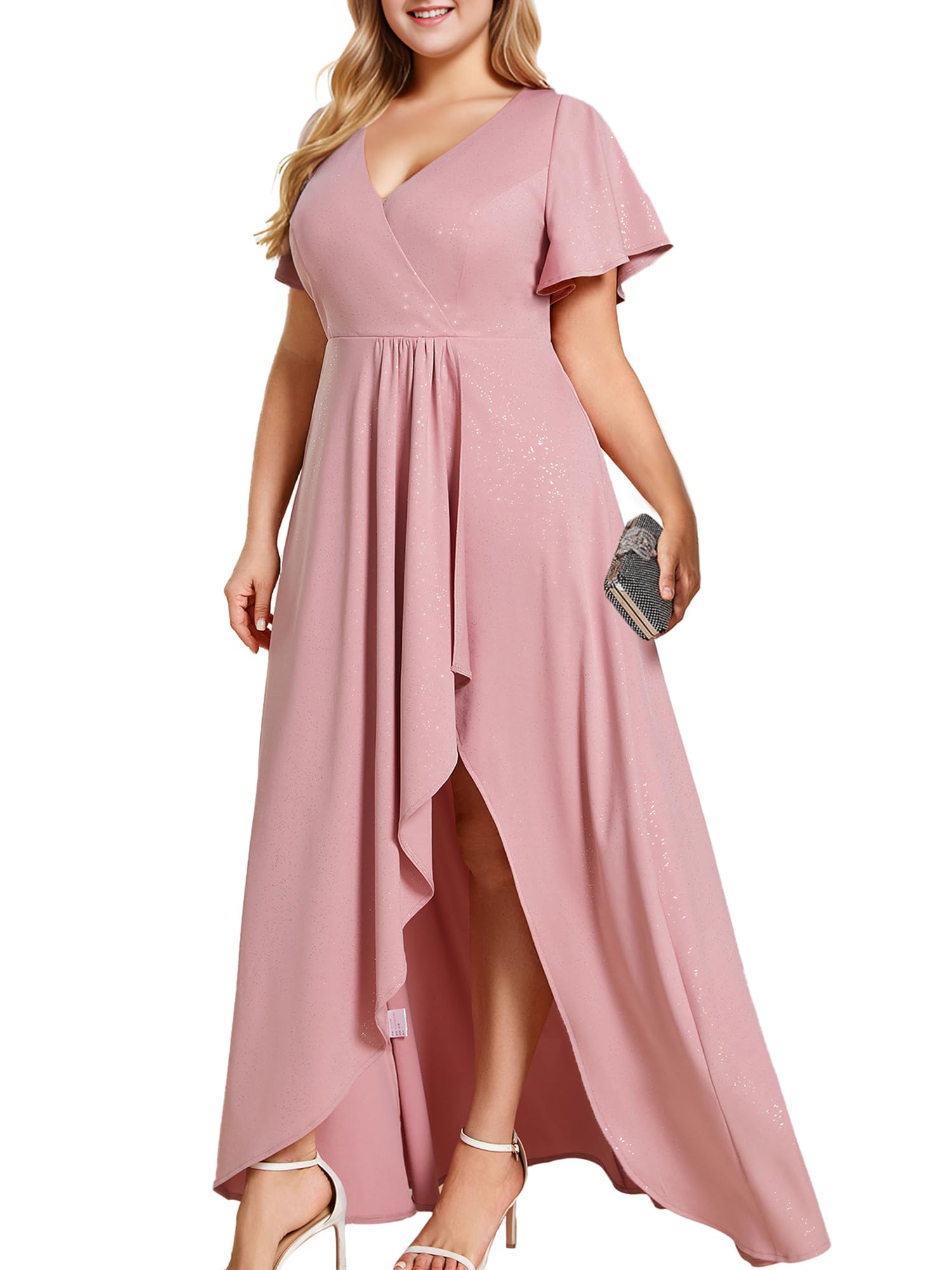 Ever-Pretty Glitter Formal Dresses for Cuvvy Women Plus Size A-line High Low Wedding Guest Gala Dress with Ruffles Sleeves