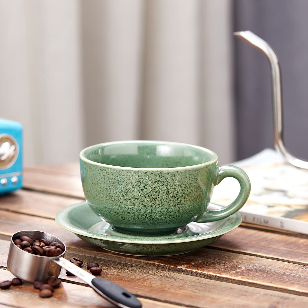 Coffeezone Vintage Design 12 oz Ceramic Latte Art Cappuccino Barista Cup with Saucer (Beige)