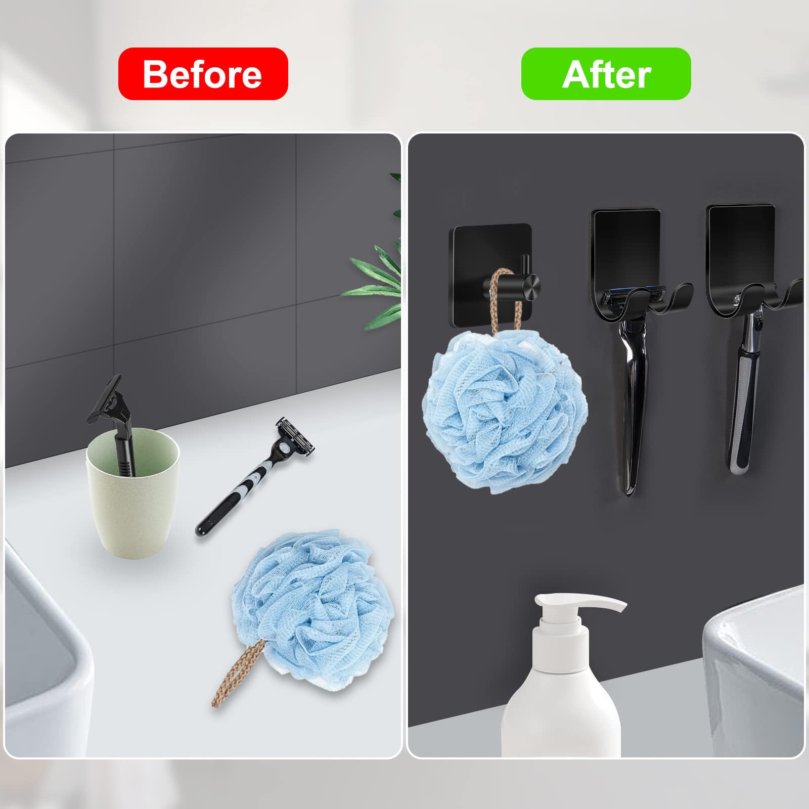 CGBE Shower Holders for Razors, 2 Pack Squeegee Holder and 2 Pack Razor Holder, Razors Holder for Shower Heavy Duty Waterproof Hook for Squeegee Loofah - Black