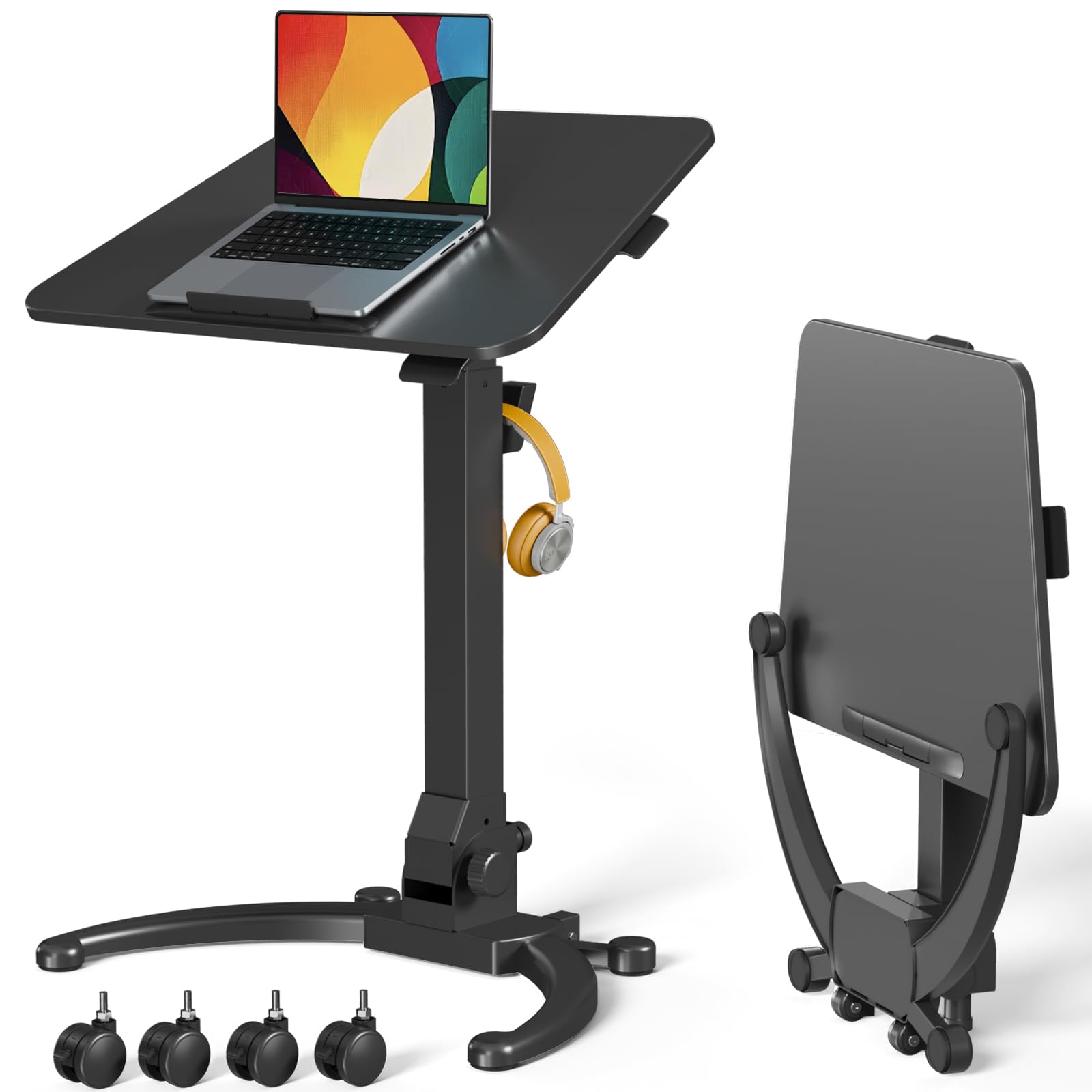 JOY worker Foldable Mobile Standing Desk, Height Adjustable Sit Stand Desk, 90° Tiltable Rolling Laptop Table, Portable Workstation with Non-Slip Mat for Home Office, Holds Up to 22lbs, Black