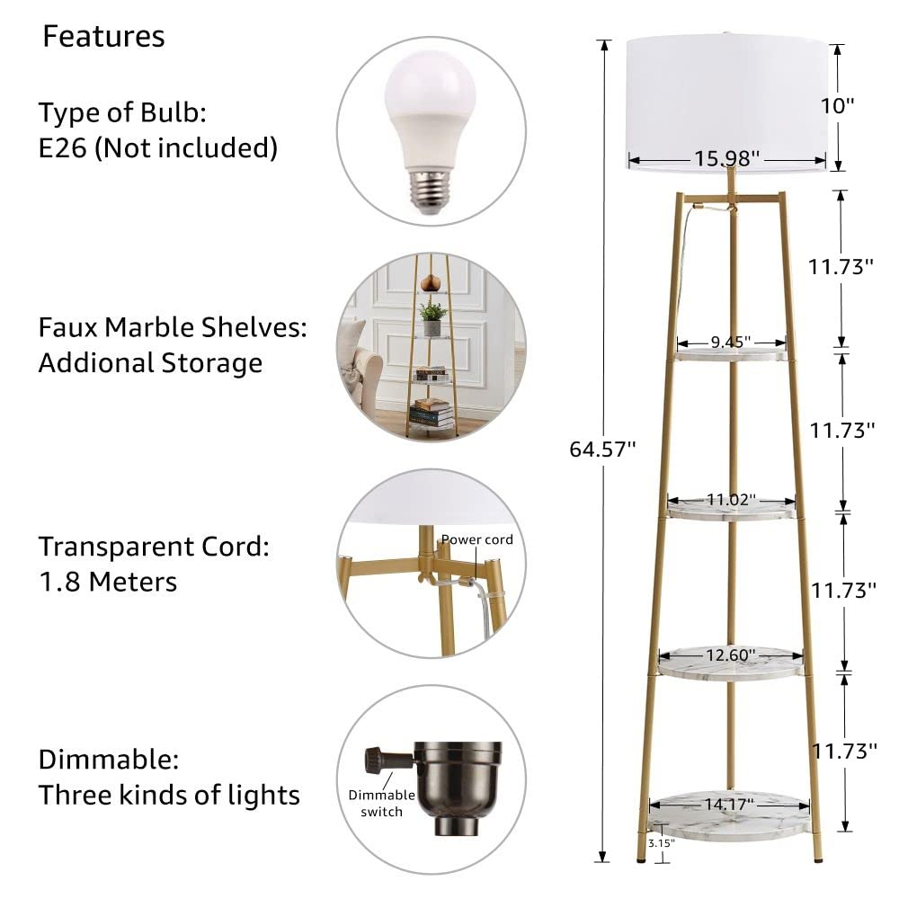 ROSEN GARDEN Floor Lamp, Standing Reading Light with Shelves and Fabric Shade, Modern Tall Pole Lamp, Accent Furniture Décor Lighting for Living Room, Bedrooms (Gold, 4-Tier)