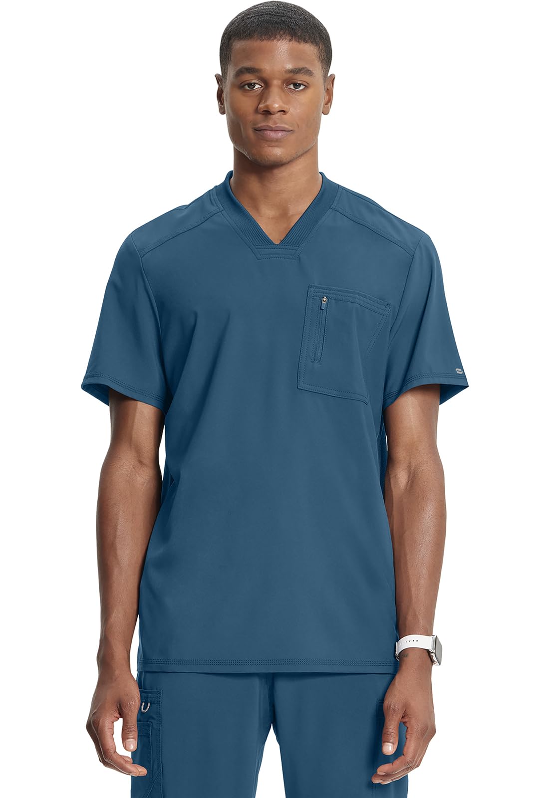 Cherokee Infinity Mens Tuckable V-Neck Scrub Top Modern Fit, 2 Pockets, Zip Chest Pocket, Rib-Knit, 360° Stretch – CK910A